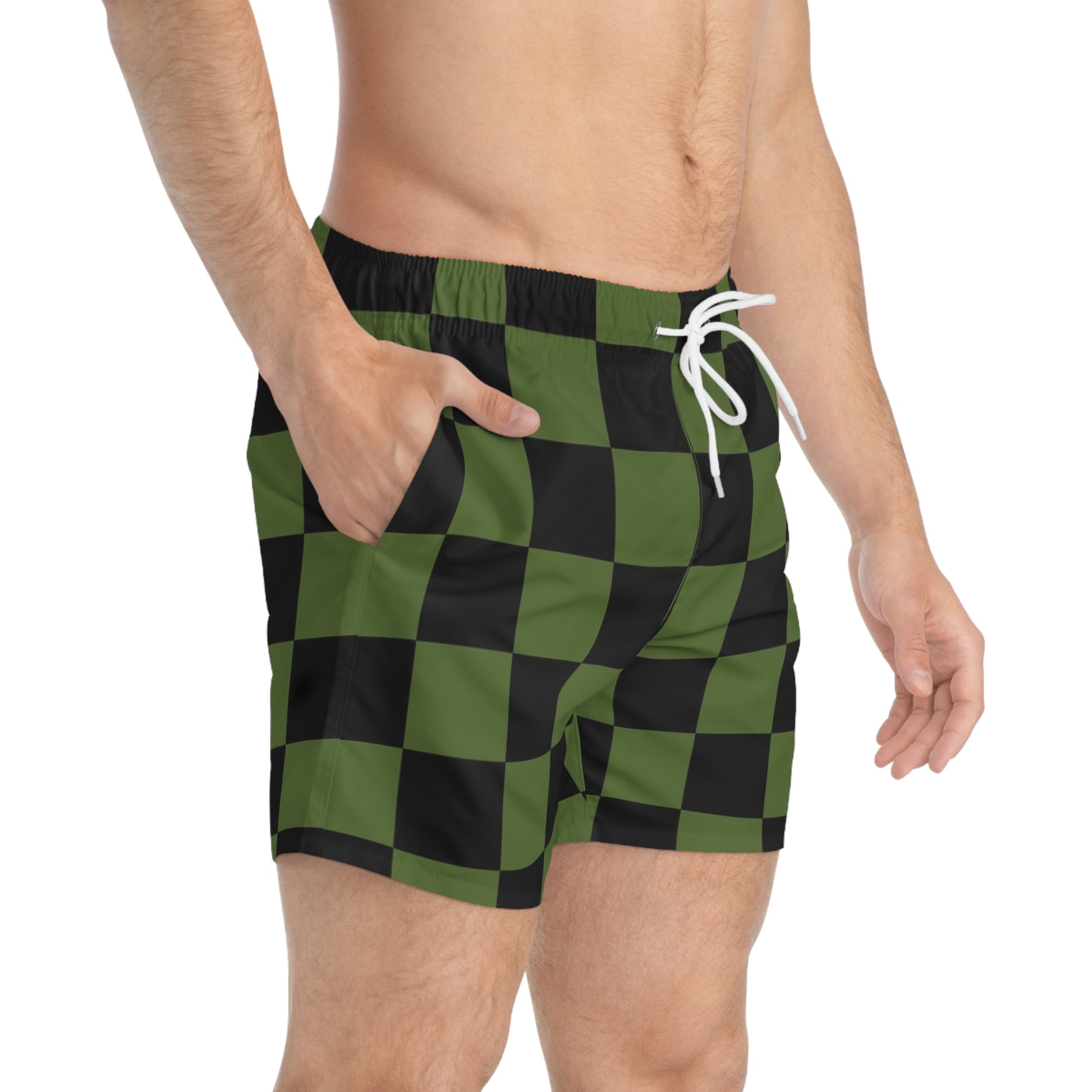 Checkerboard Olive Green and Black Swim Trunks (AOP), Artsulli - Art is Long, Life is Short, All Over Prints, , , , , , , 