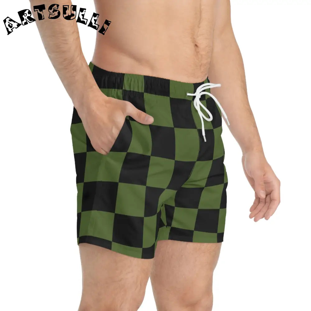 JAKKOUTTHEBXX Checkerboard Olive Green and Black Swim Trunks (AOP)