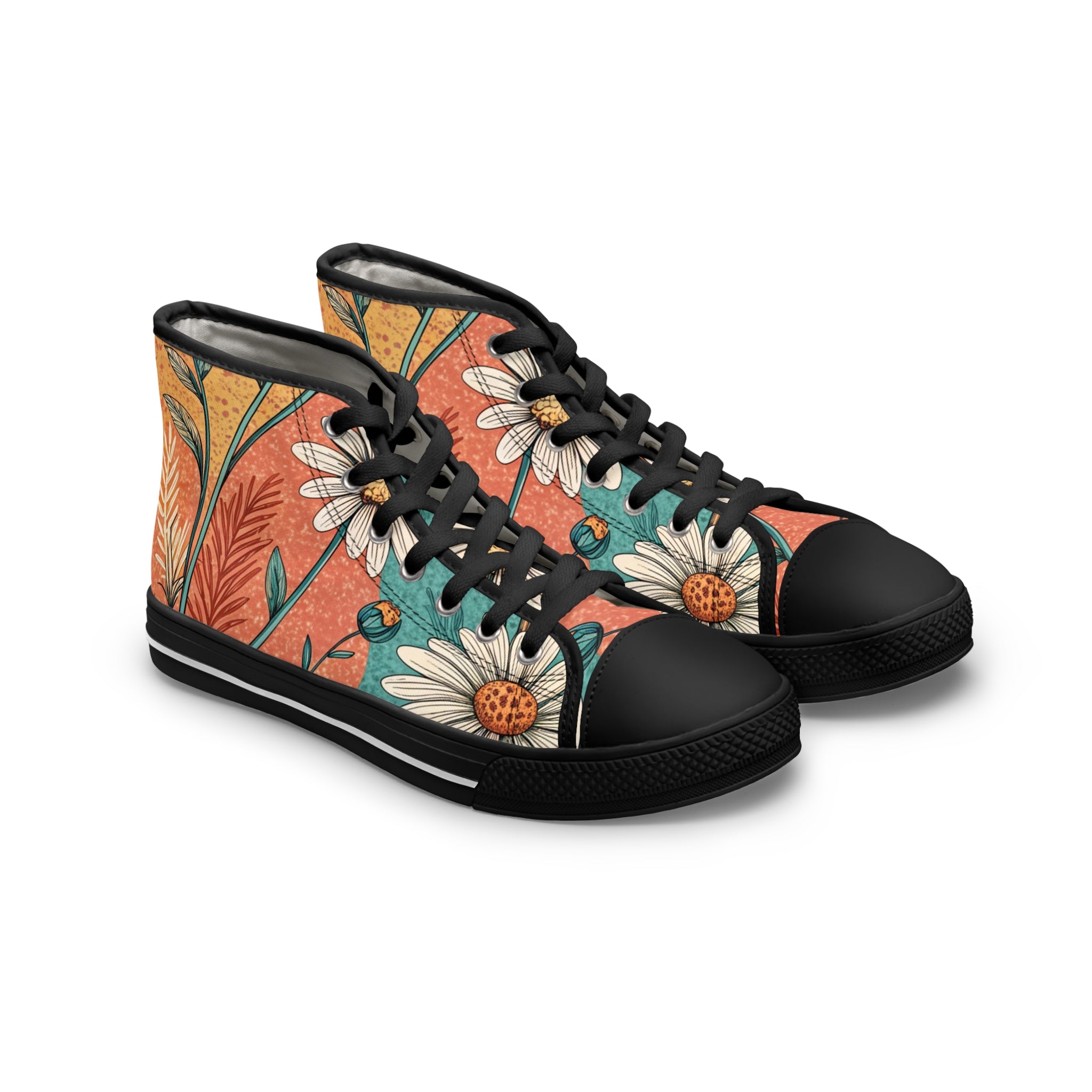 Retro Daisy Dream Women's High Top Sneakers, Artsulli - Art is Long, Life is Short, Shoes, Size, US 5.5, Color, Black sole, , , 11047510643111453848