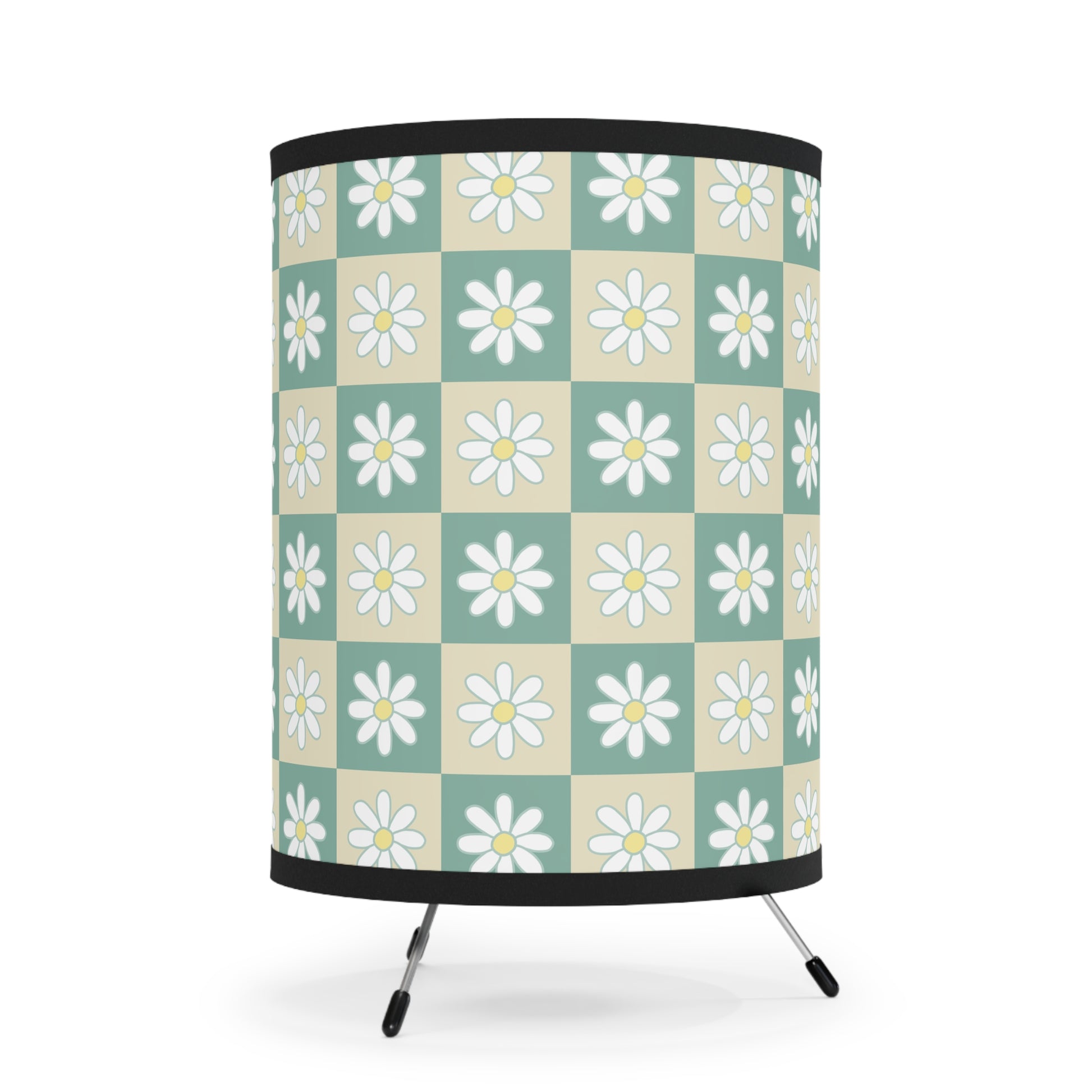 Retro Daisy Checkerboard Green and Tan Tripod Lamp with High-Res Printed Shade, US\CA plug, Artsulli - Art is Long, Life is Short, Home Decor, , , , , , , 