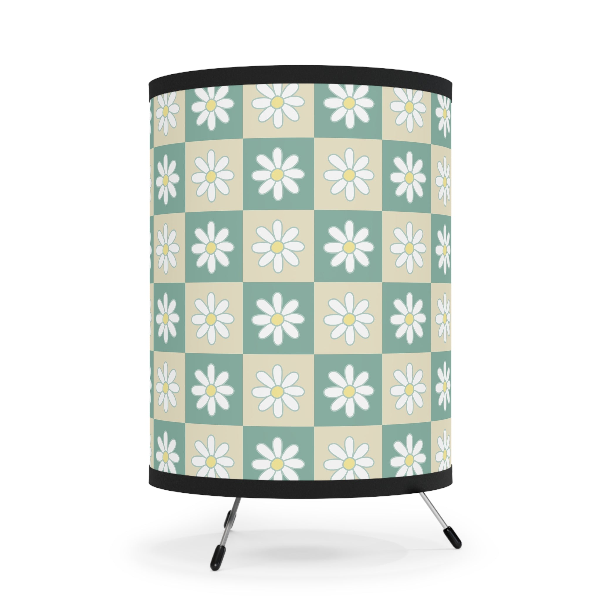 Retro Daisy Checkerboard Green and Tan Tripod Lamp with High-Res Printed Shade, US\CA plug, Artsulli - Art is Long, Life is Short, Home Decor, , , , , , , 