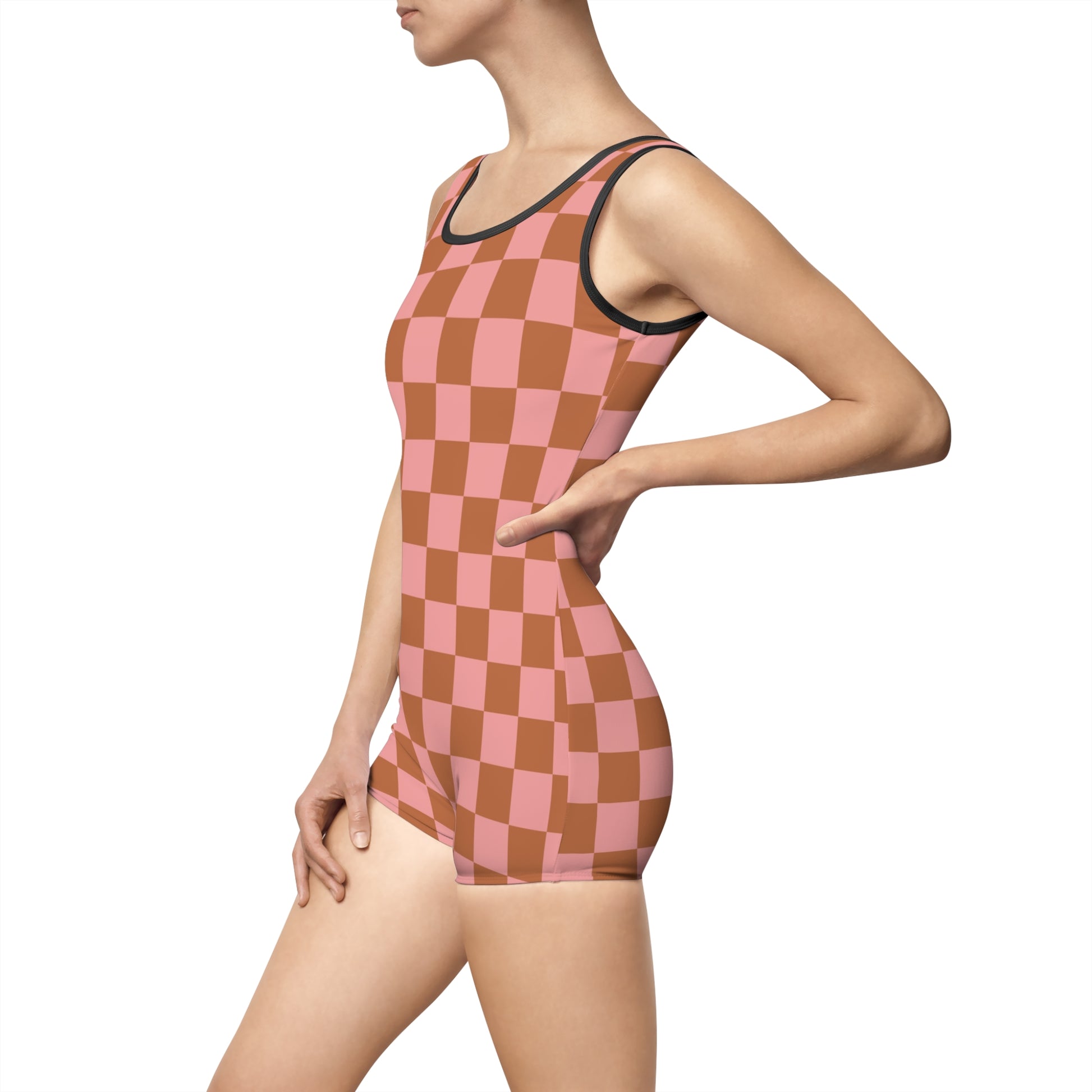 Chessboard Pink and Brown Women's Vintage Swimsuit (AOP), Artsulli - Art is Long, Life is Short, All Over Prints, , , , , , , 