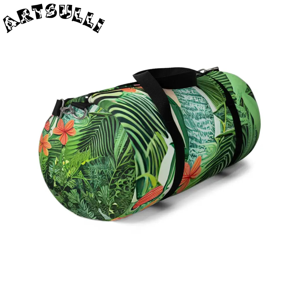 JAKKOUTTHEBXX Tropical Leaf and Flower Print Duffel Bags with Black