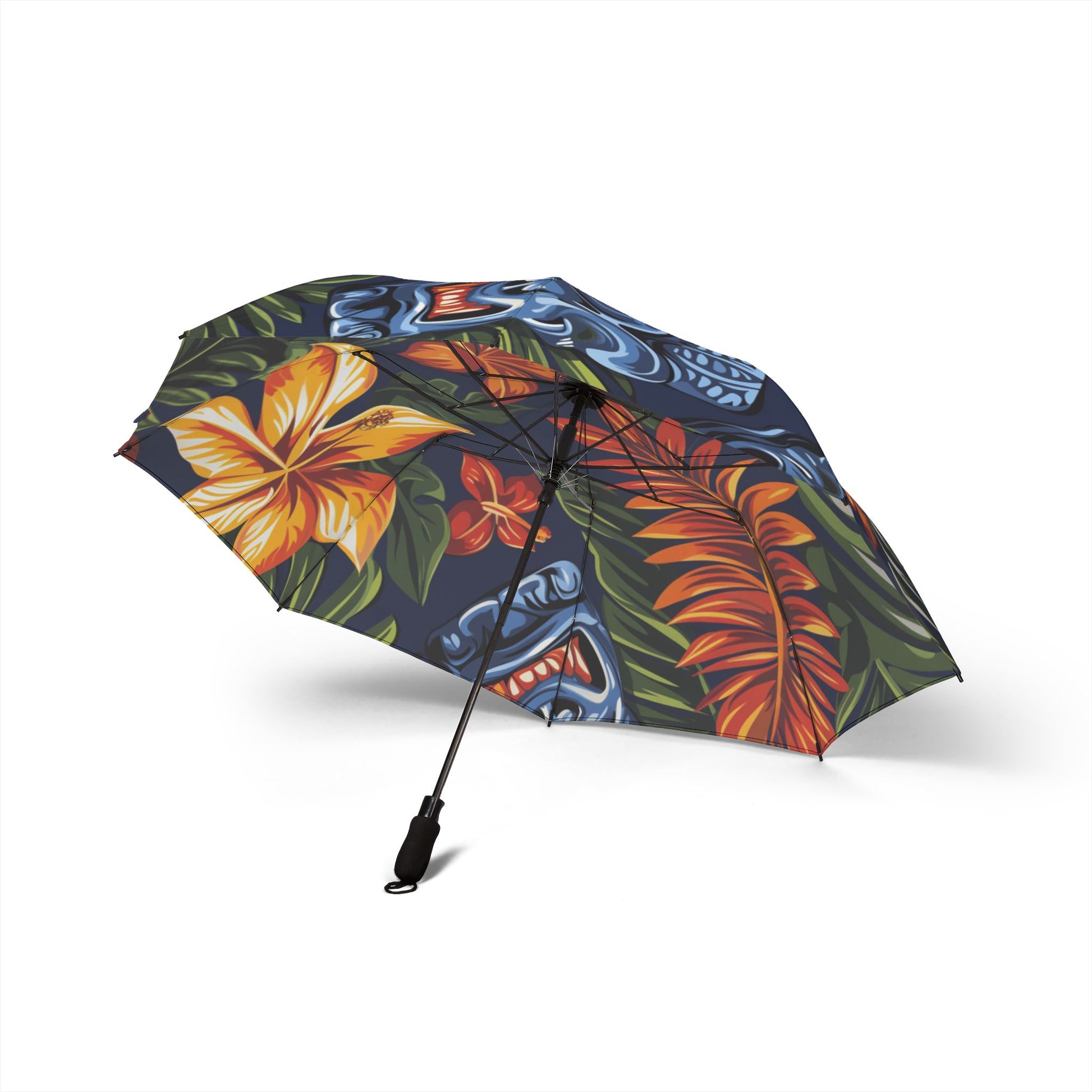 Tiki Bloom Navy Semi-Automatic Foldable Umbrella, Artsulli - Art is Long, Life is Short, Accessories, , , , , , , 
