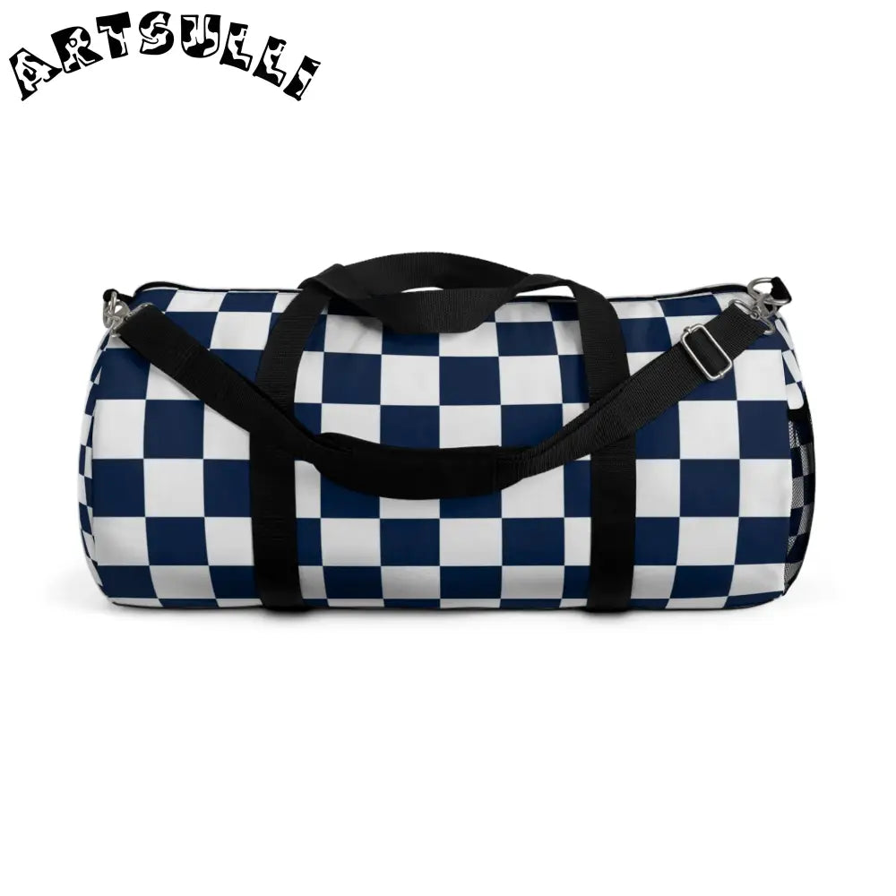 JAKKOUTTHEBXX Checkerboard II White and Navy Blue Duffel Bag