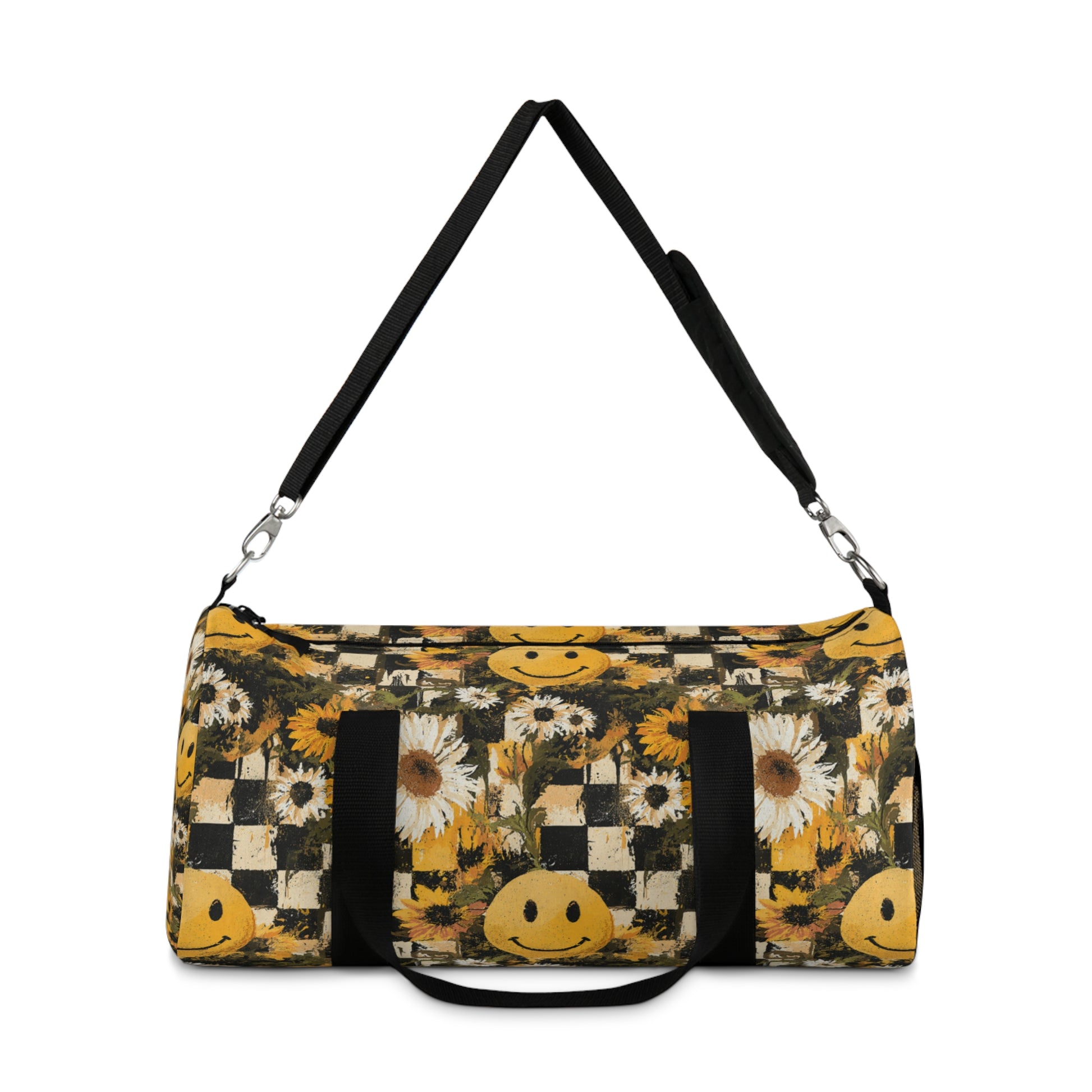 Smiley Face x Checkerboard x Sunflowers x Trippy x Vintage II Black and Yellow Duffel Bag, Artsulli - Art is Long, Life is Short, Bags, , , , , , , 
