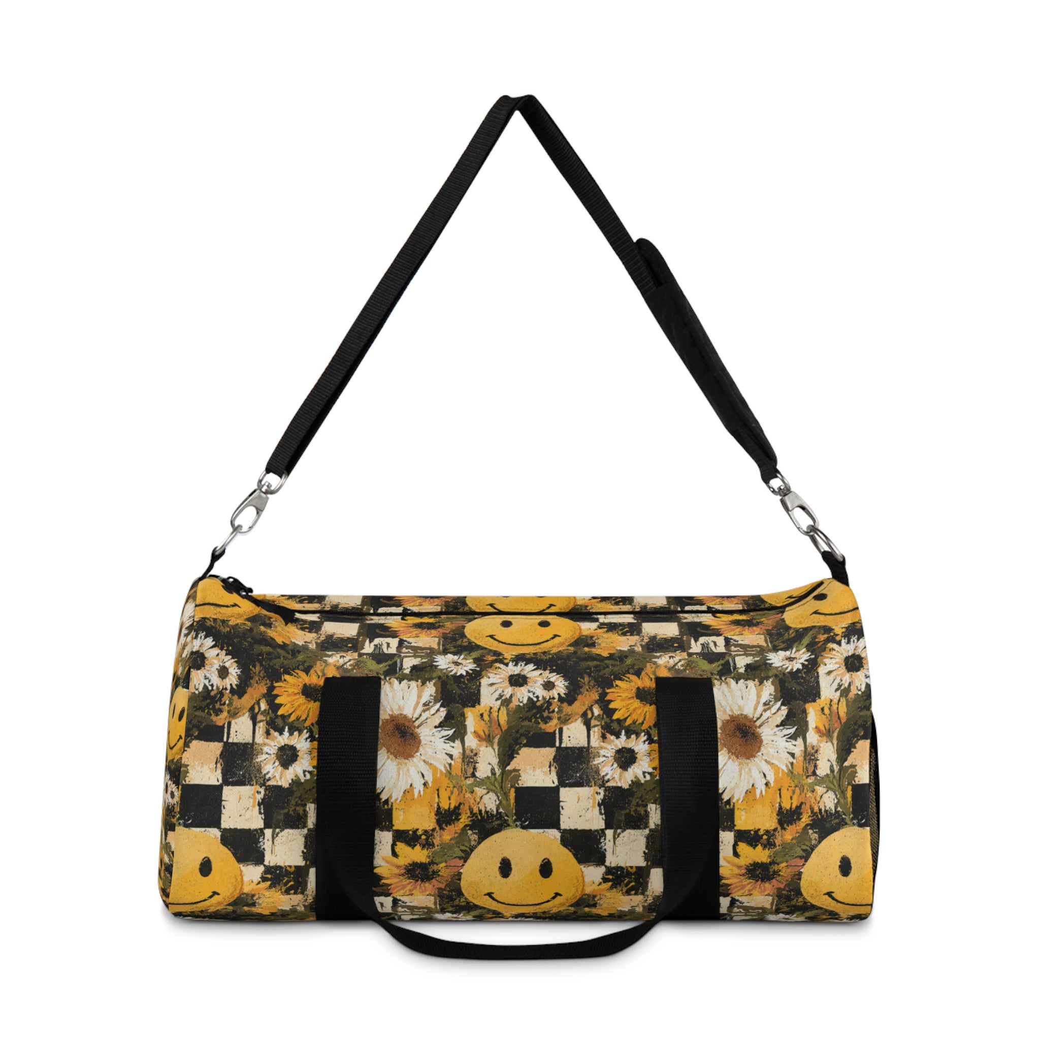 Smiley Face x Checkerboard x Sunflowers x Trippy x Vintage II Black and Yellow Duffel Bag, Artsulli - Art is Long, Life is Short, Bags, , , , , , , 