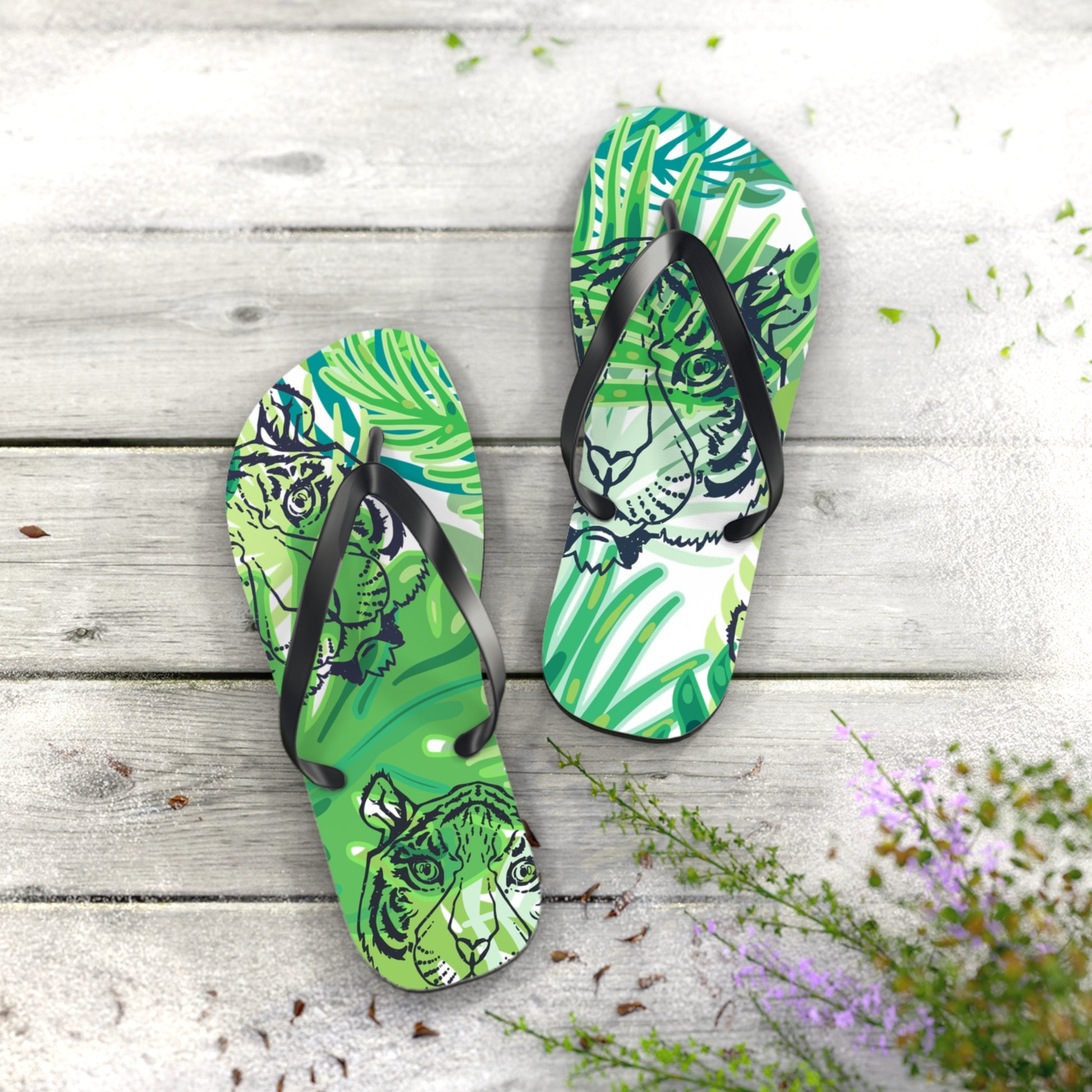 Tropical Jungle Tigers Green Flip Flops, Artsulli - Art is Long, Life is Short, Shoes, , , , , , , 