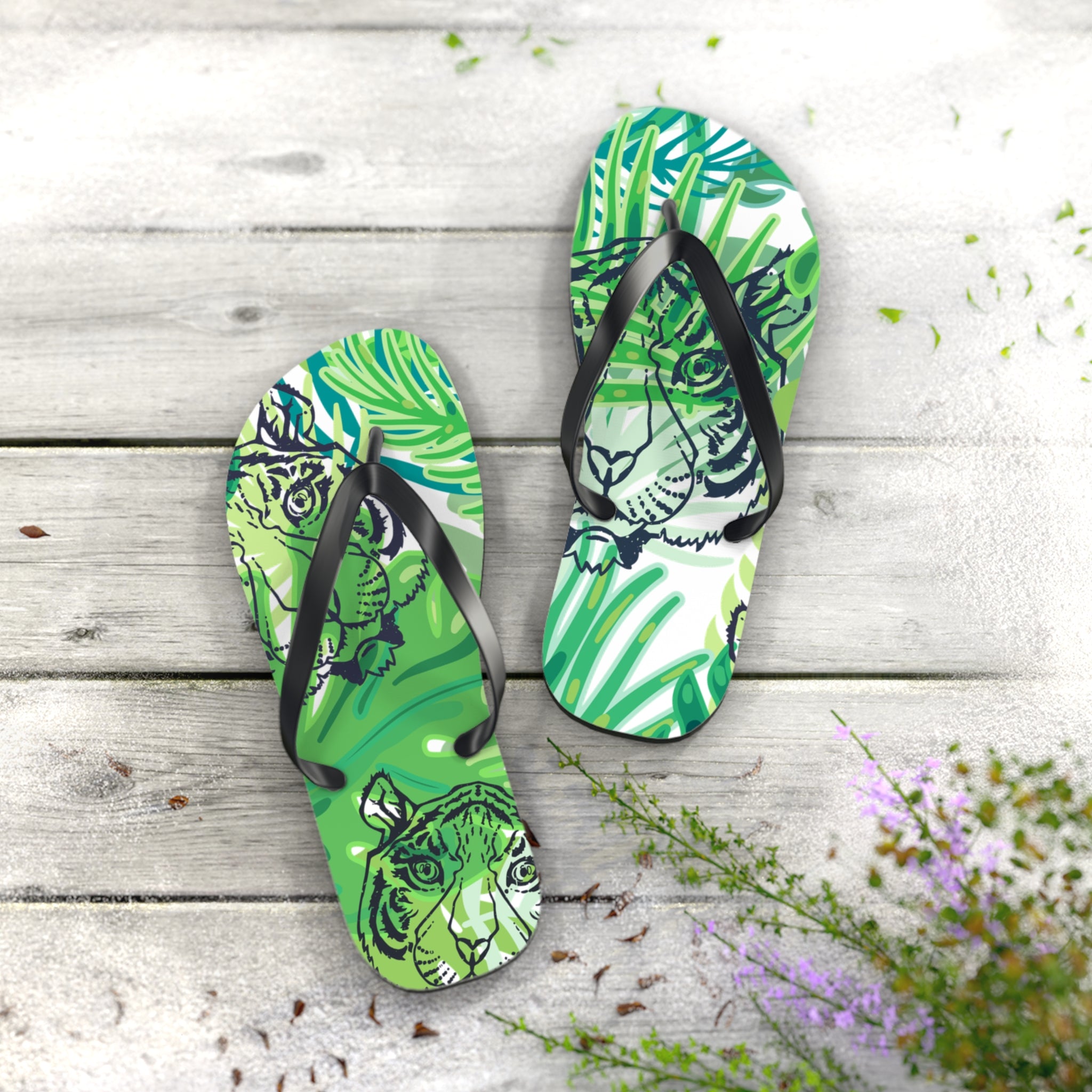 Tropical Jungle Tigers Green Flip Flops, Artsulli - Art is Long, Life is Short, Shoes, , , , , , , 