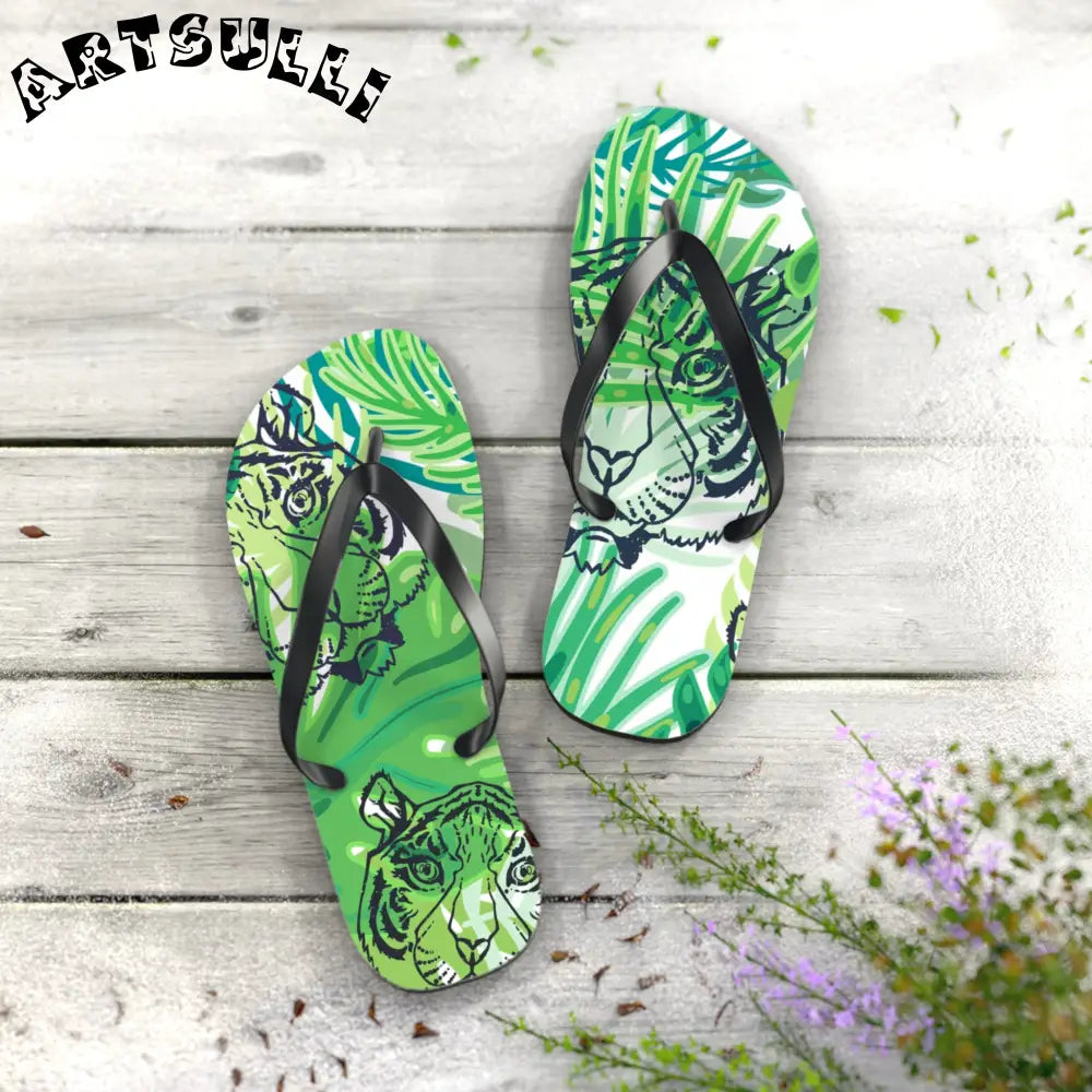 JAKKOUTTHEBXX Tropical Jungle Tigers Green Flip Flops JAKKOUTTHEBXX