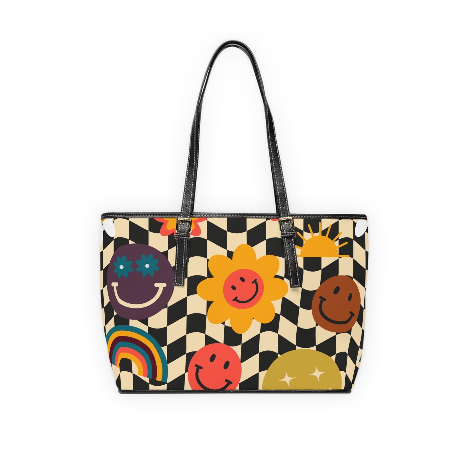 Trippy x Wavy Checkerboard x Smiley Face x Rainbow x Flowers Multi-Color PU Leather Shoulder Bag, Artsulli - Art is Long, Life is Short, Bags, , , , , , , 