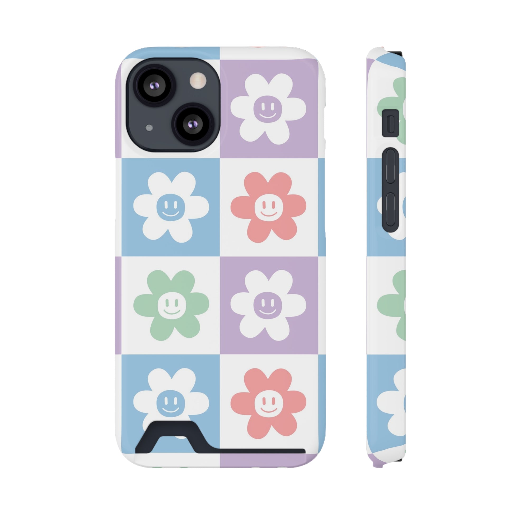 Chessboard x Smiley Face Flowers Multi-Color Phone Case With Card Holder, Artsulli - Art is Long, Life is Short, Phone Case, Size, iPhone 13 Mini, Surface, Glossy, Shape, With gift packaging, 72056656091487247344