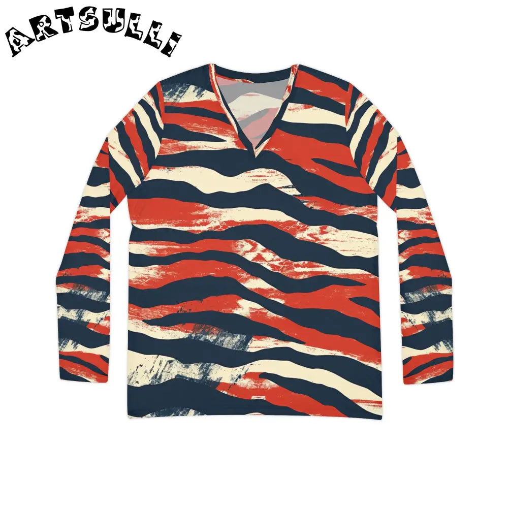 JAKKOUTTHEBXX Capricious Tiger Wave Women’s Long Sleeve V-neck Shirt