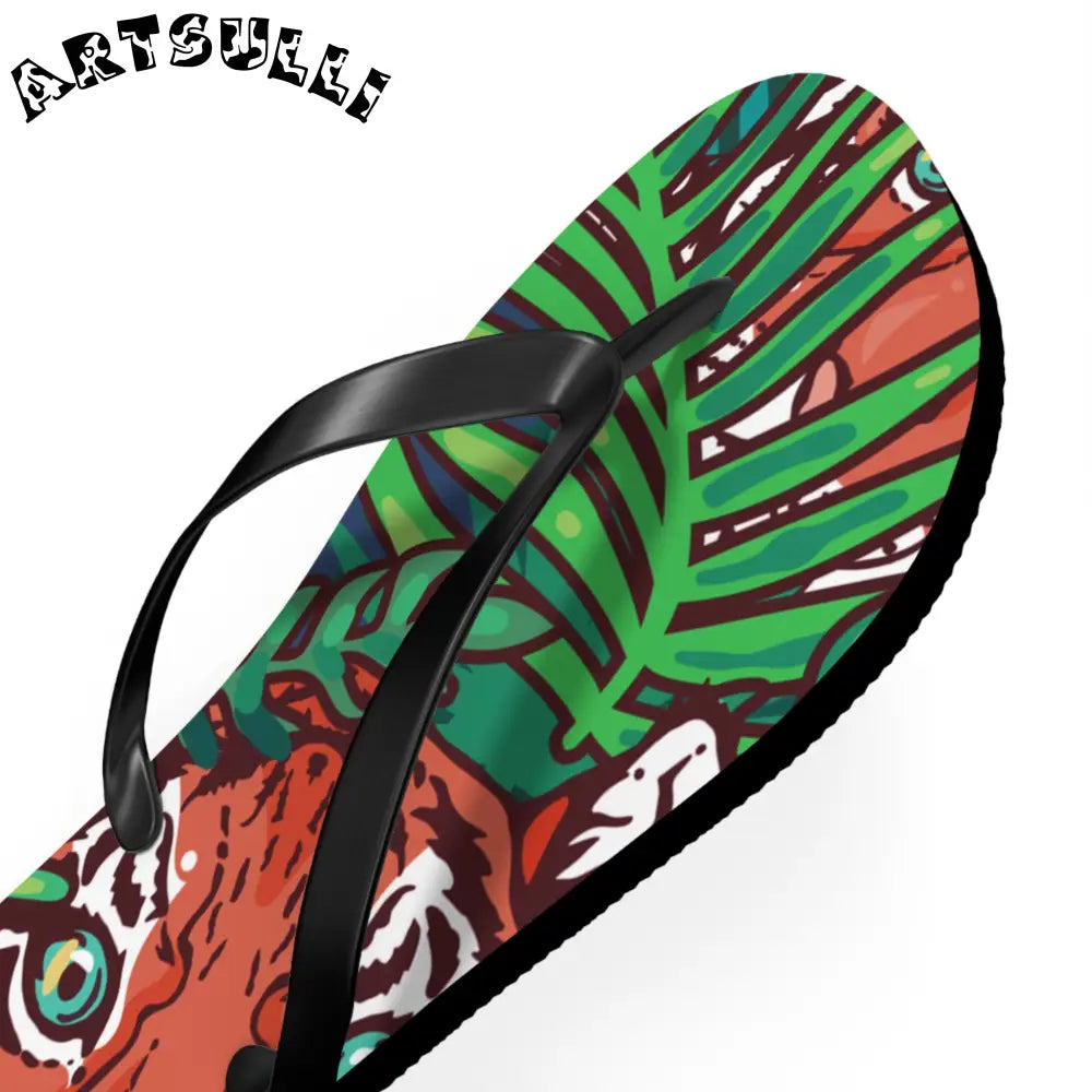 JAKKOUTTHEBXX Tropical Jungle Tigers Blue and Green Flip Flops