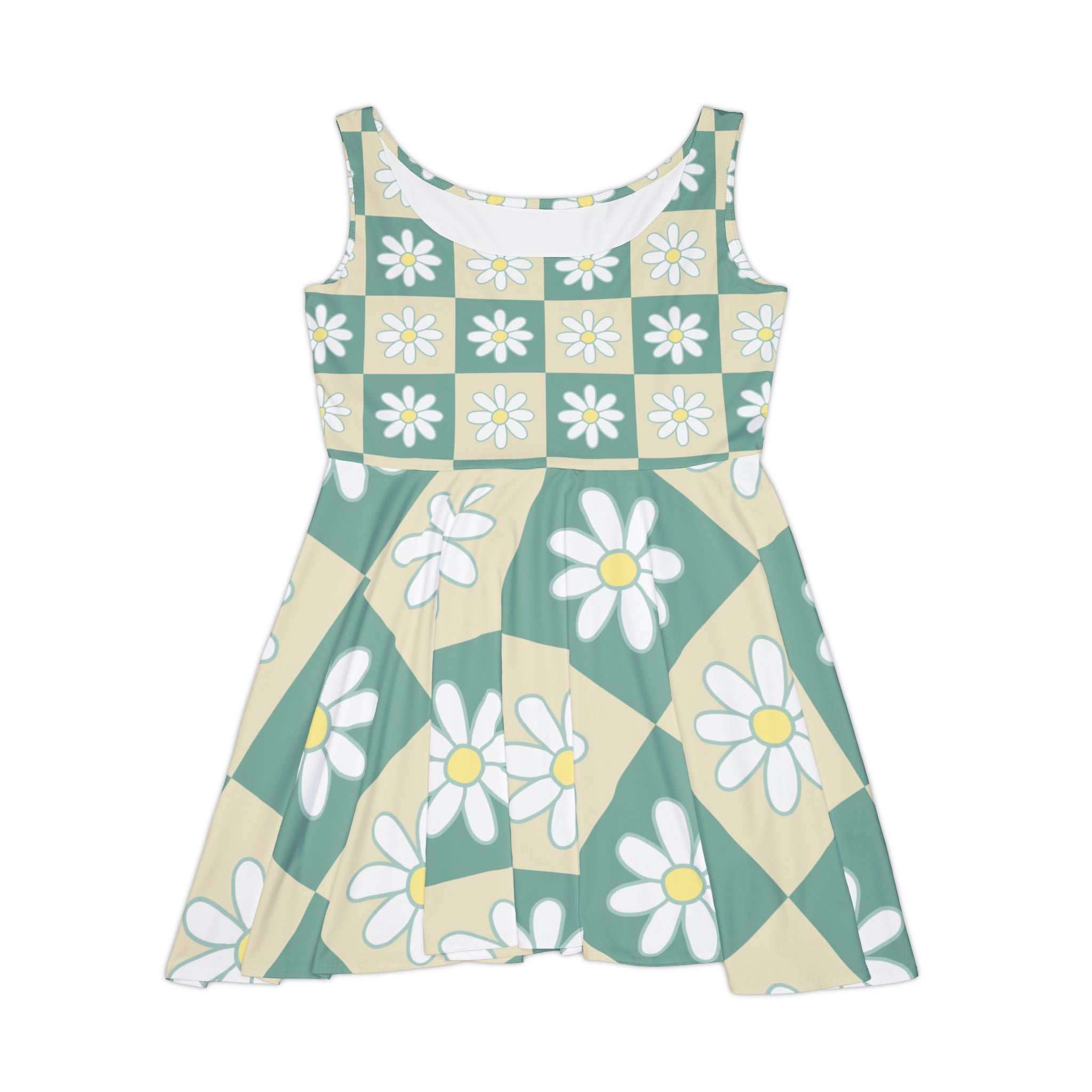 Retro Daisy Grid Retro Daisy Checkerboard Green and Tan Women's Skater Dress (AOP), Artsulli - Art is Long, Life is Short, All Over Prints, Size, XS, , , , , 76710820034114992299