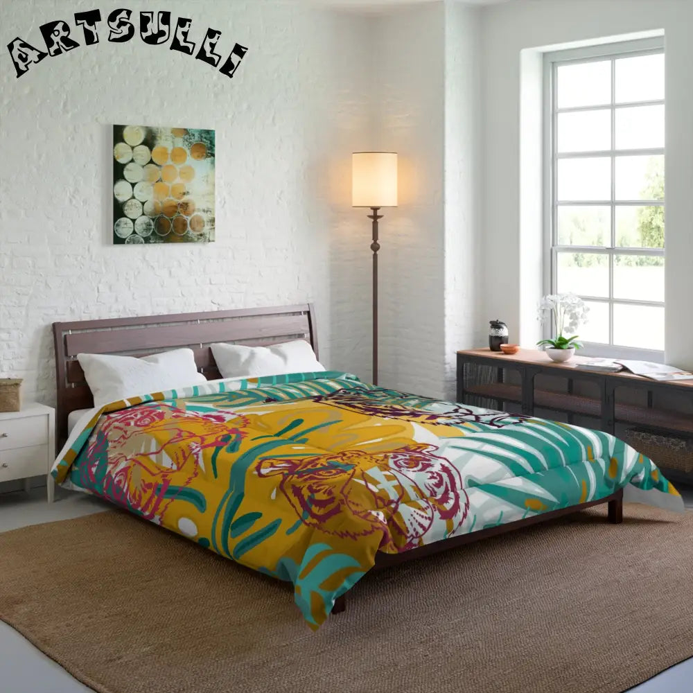 JAKKOUTTHEBXX Tropical Jungle Tigers Brown and Green Comforter