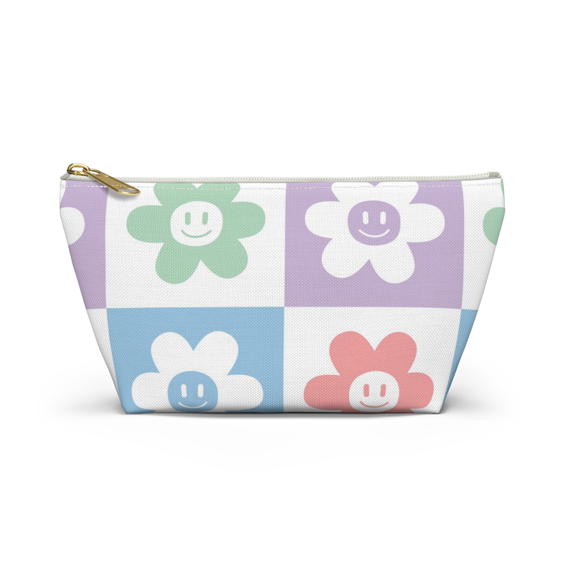 Chessboard x Smiley Face Flowers Multi-Color Accessory Pouch w T-bottom, Artsulli - Art is Long, Life is Short, Bags, Size, Small, Color, White zipper, , , 29039786859200979155