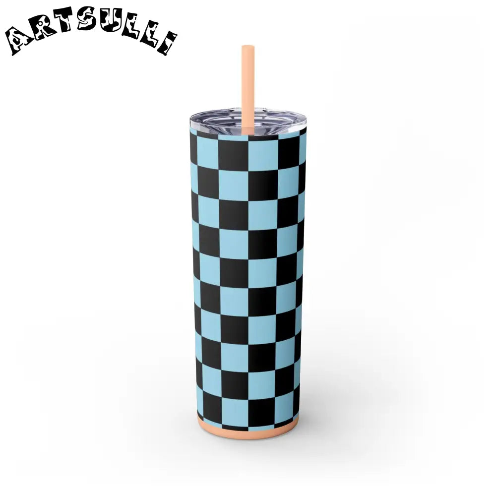 JAKKOUTTHEBXX Checkerboard Black and Blue Skinny Tumbler with Straw