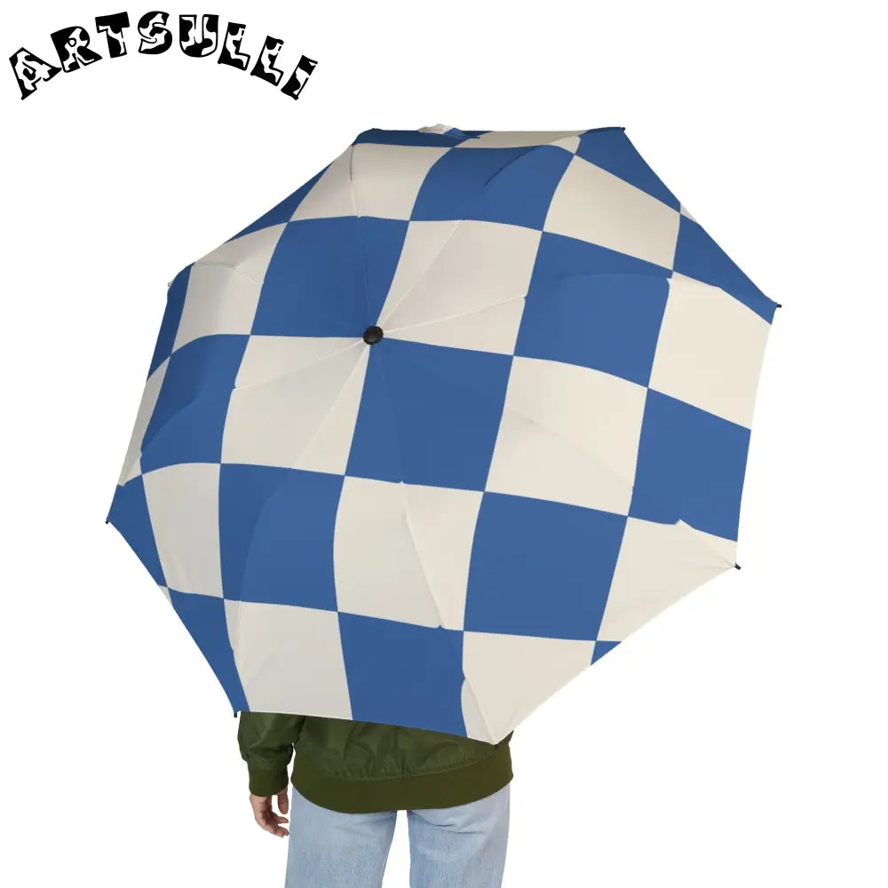 JAKKOUTTHEBXX Checkerboard Blue Semi-Automatic Foldable Umbrella