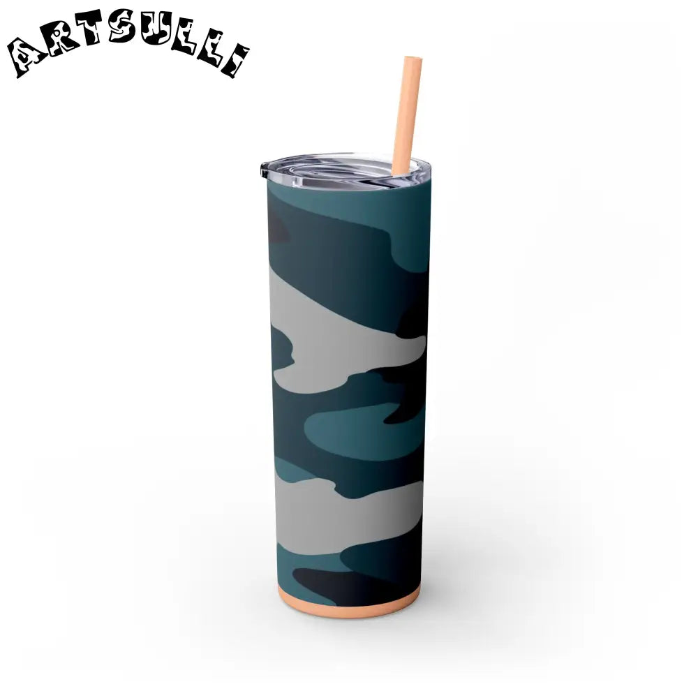 JAKKOUTTHEBXX Blue Camouflage Skinny Tumbler with Straw 20oz