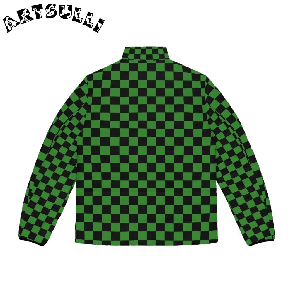 JAKKOUTTHEBXX Checkerboard Green and Black Men’s Puffer Jacket (AOP)