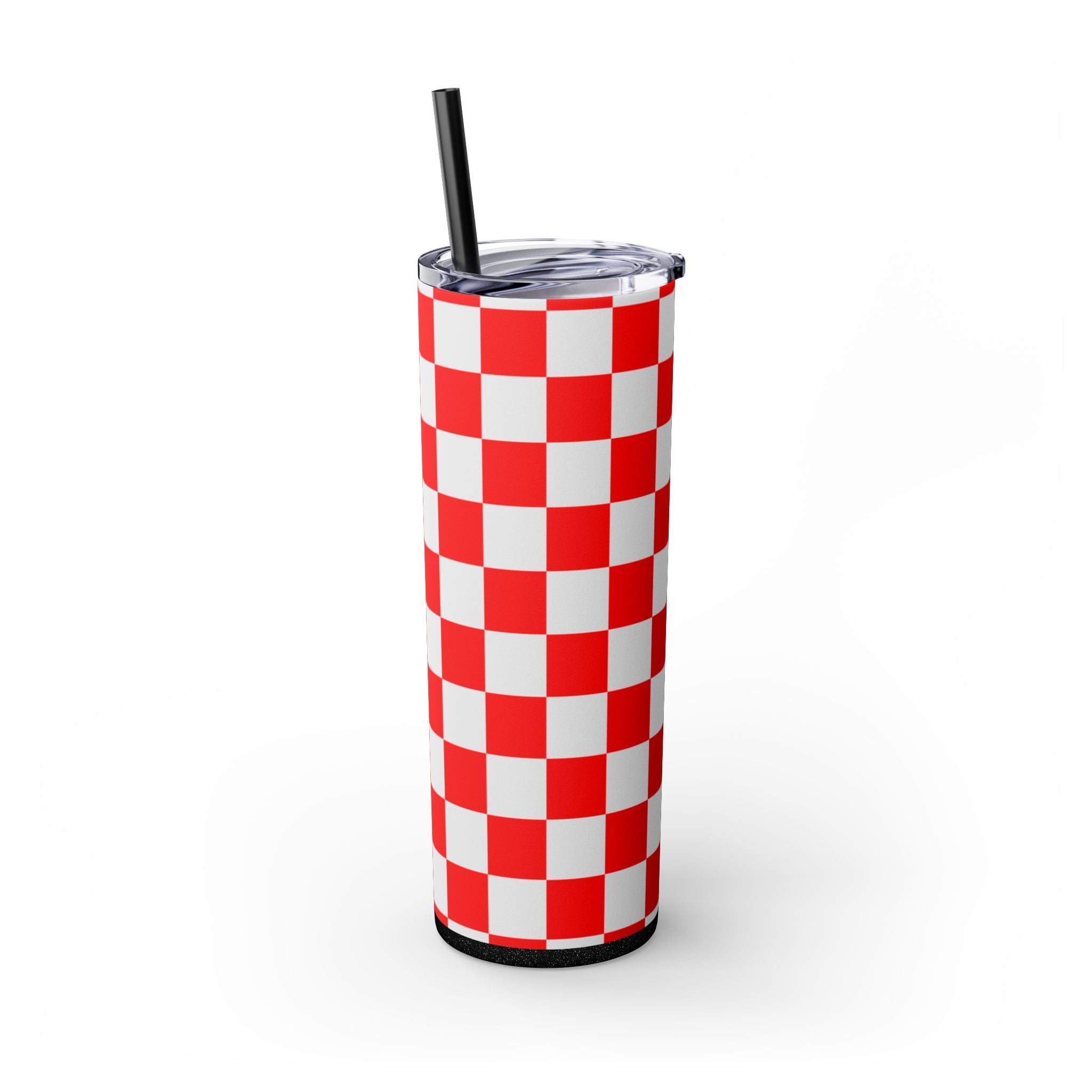 Checkerboard Red and White Skinny Tumbler with Straw, 20oz, Artsulli - Art is Long, Life is Short, Mug, , , , , , , 
