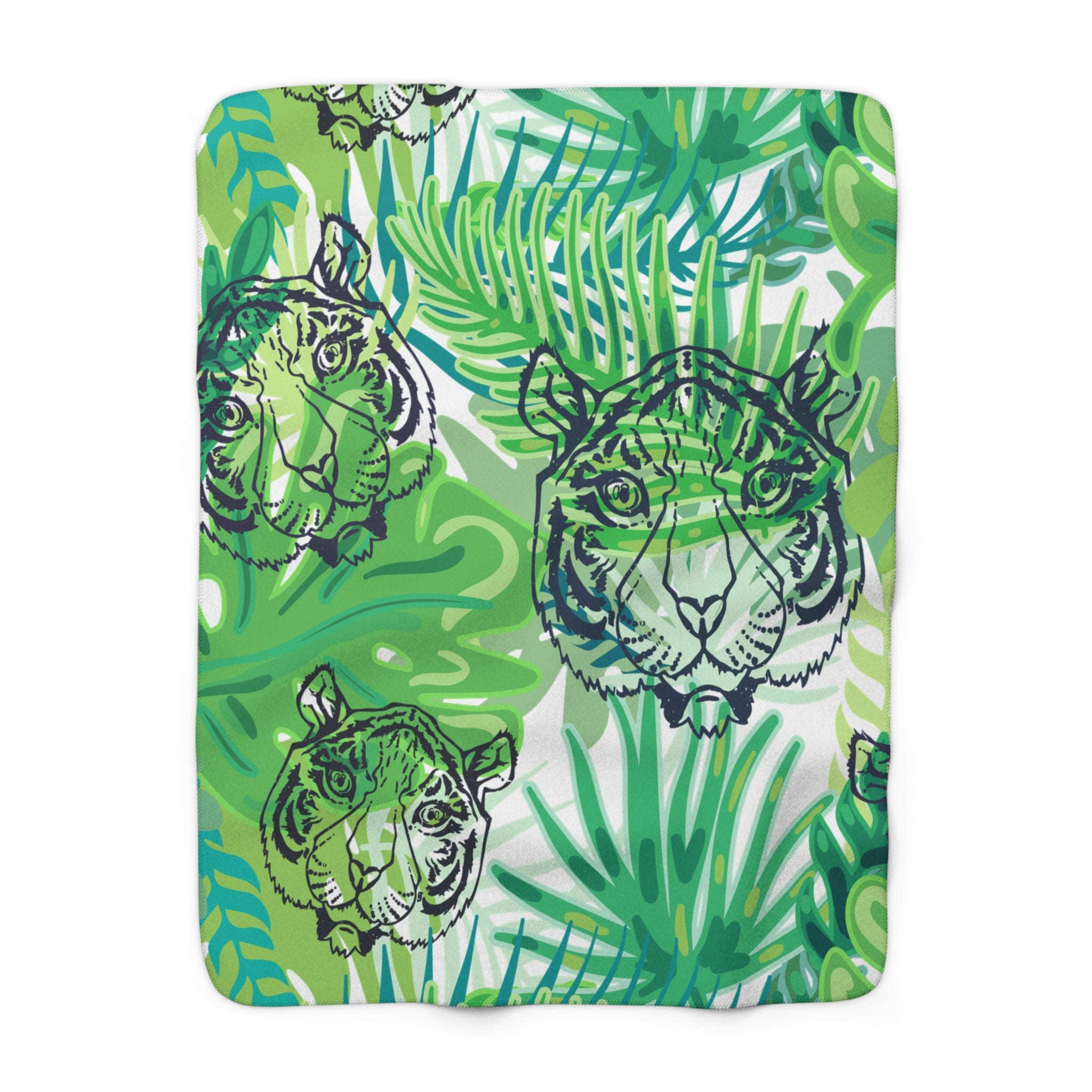 Tropical Jungle Tigers Green Sherpa Fleece Blanket, Artsulli - Art is Long, Life is Short, Home Decor, Size, 50" × 60", , , , , 14847785462274