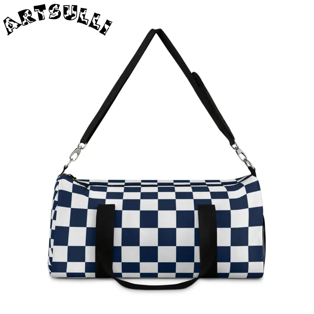 JAKKOUTTHEBXX Checkerboard II White and Navy Blue Duffel Bag