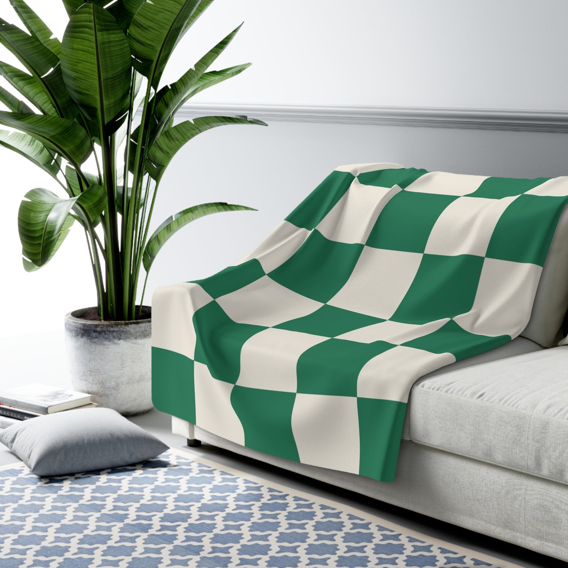 Checkerboard Dark Green Sherpa Fleece Blanket, Artsulli - Art is Long, Life is Short, Home Decor, , , , , , , 