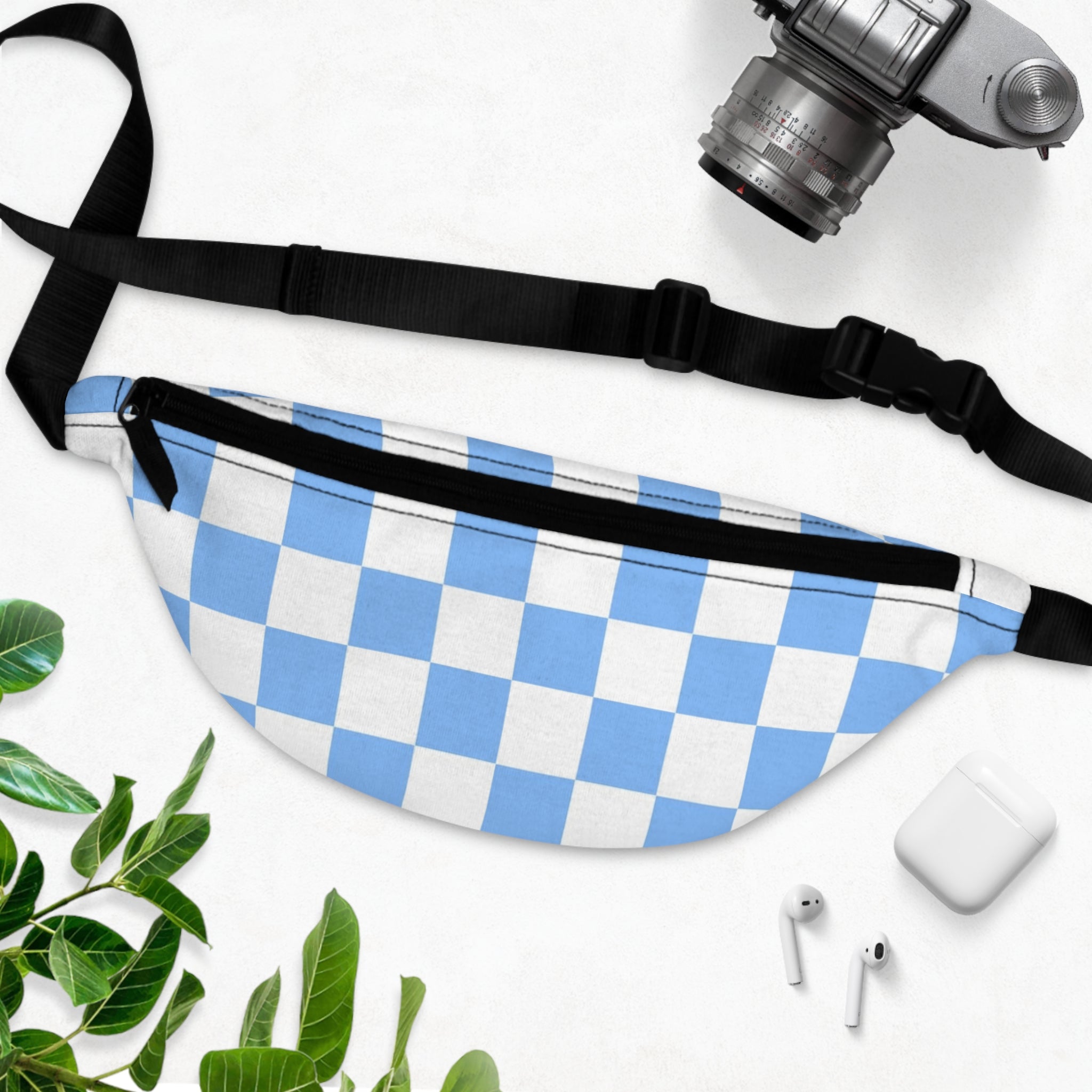 Checkerboard White and Light Blue Fanny Pack, Artsulli - Art is Long, Life is Short, Bags, , , , , , , 