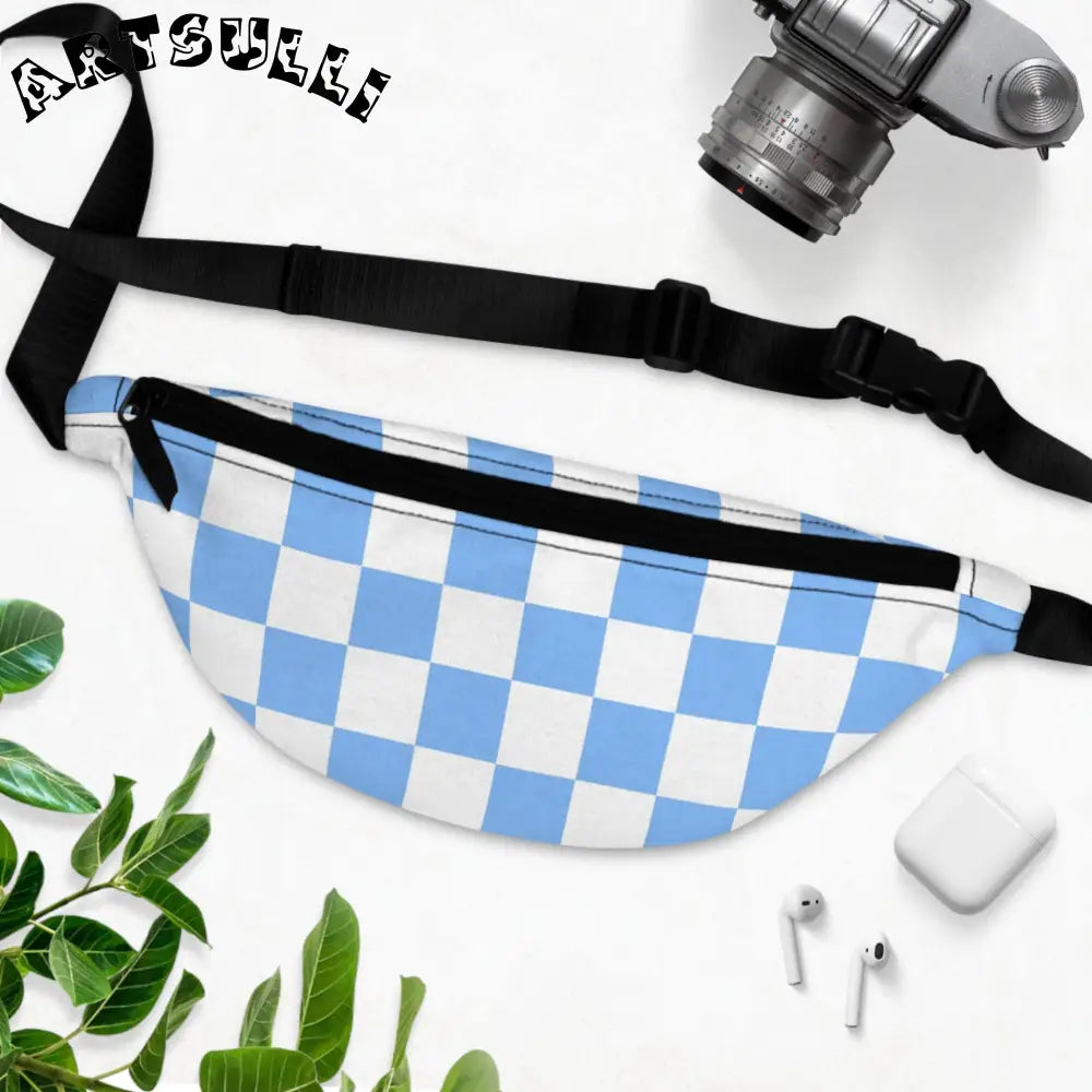 JAKKOUTTHEBXX Checkerboard White and Light Blue Fanny Pack