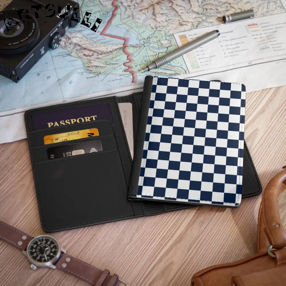 JAKKOUTTHEBXX Checkerboard White and Navy Blue Passport Cover