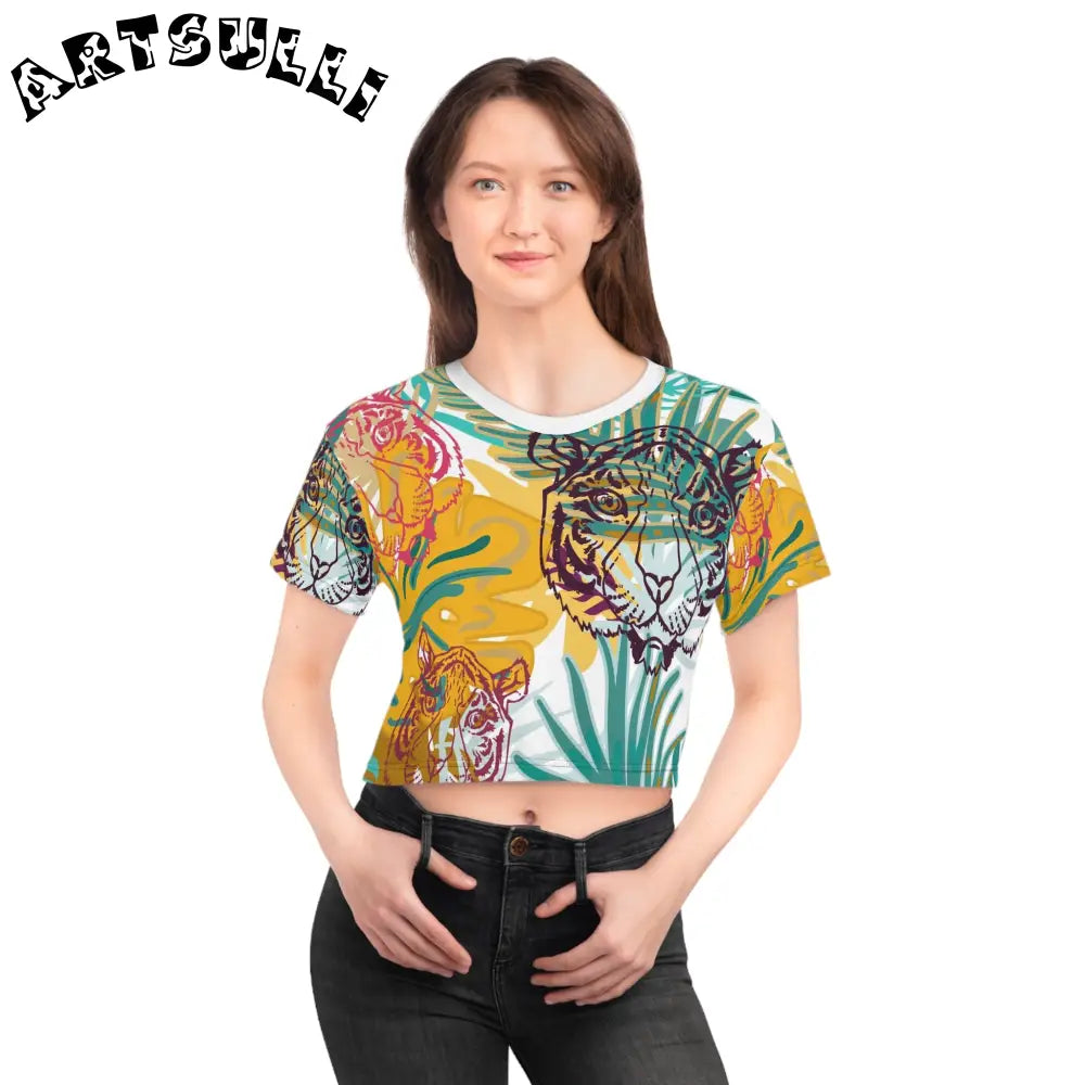 JAKKOUTTHEBXX Tropical Jungle Tigers Brown and Green Crop Tee (AOP)