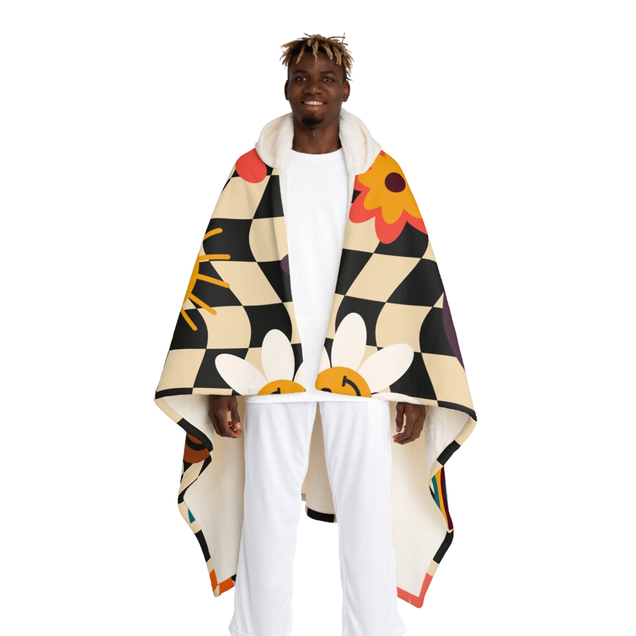 Trippy x Wavy Checkerboard x Smiley Face x Rainbow x Flowers Multi-Color Hooded Sherpa Fleece Blanket, Artsulli - Art is Long, Life is Short, All Over Prints, Size, One size, Color, Cream, , , 27861006465541433977