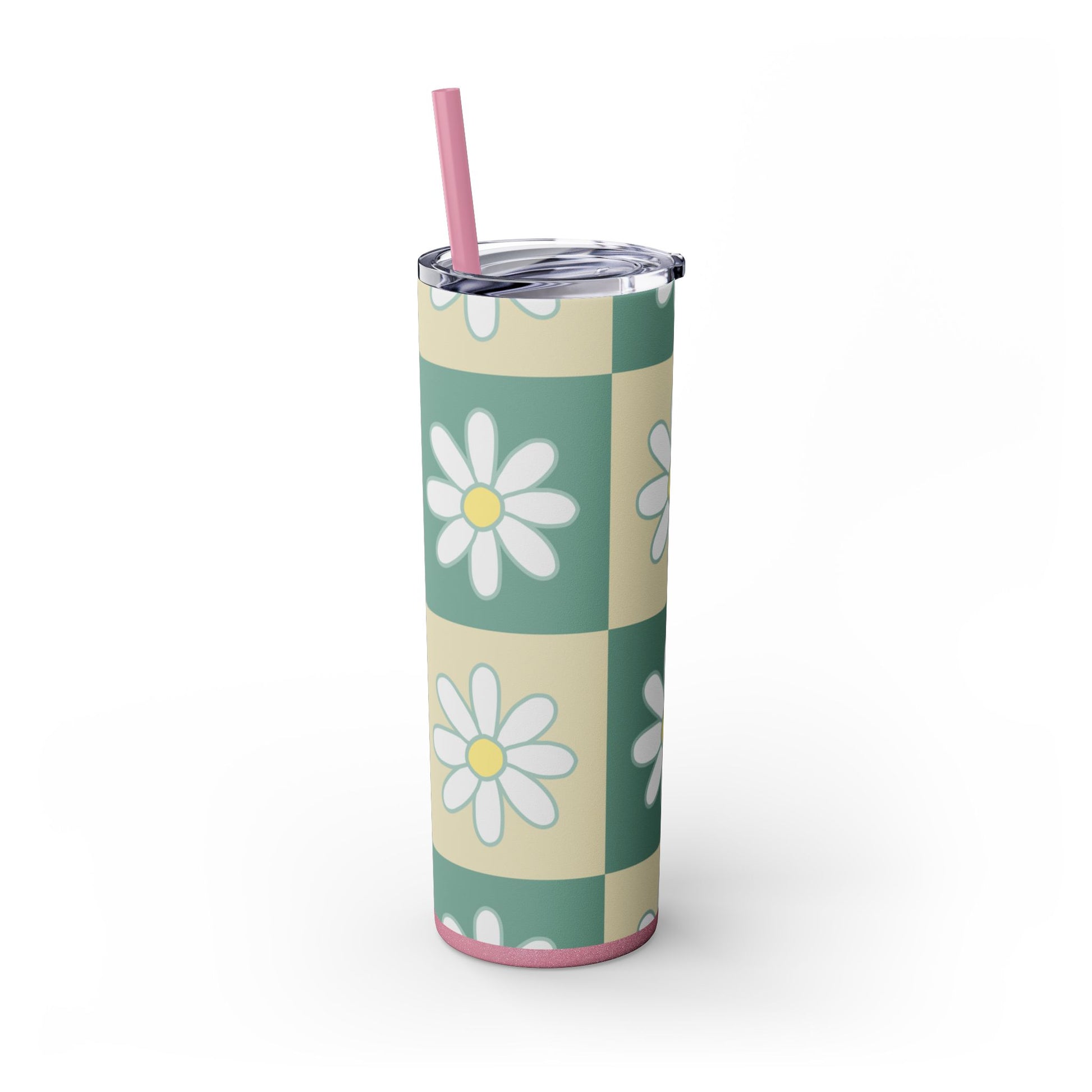 Retro Daisy Checkerboard Green and Tan Skinny Tumbler with Straw, 20oz, Artsulli - Art is Long, Life is Short, Mug, , , , , , , 