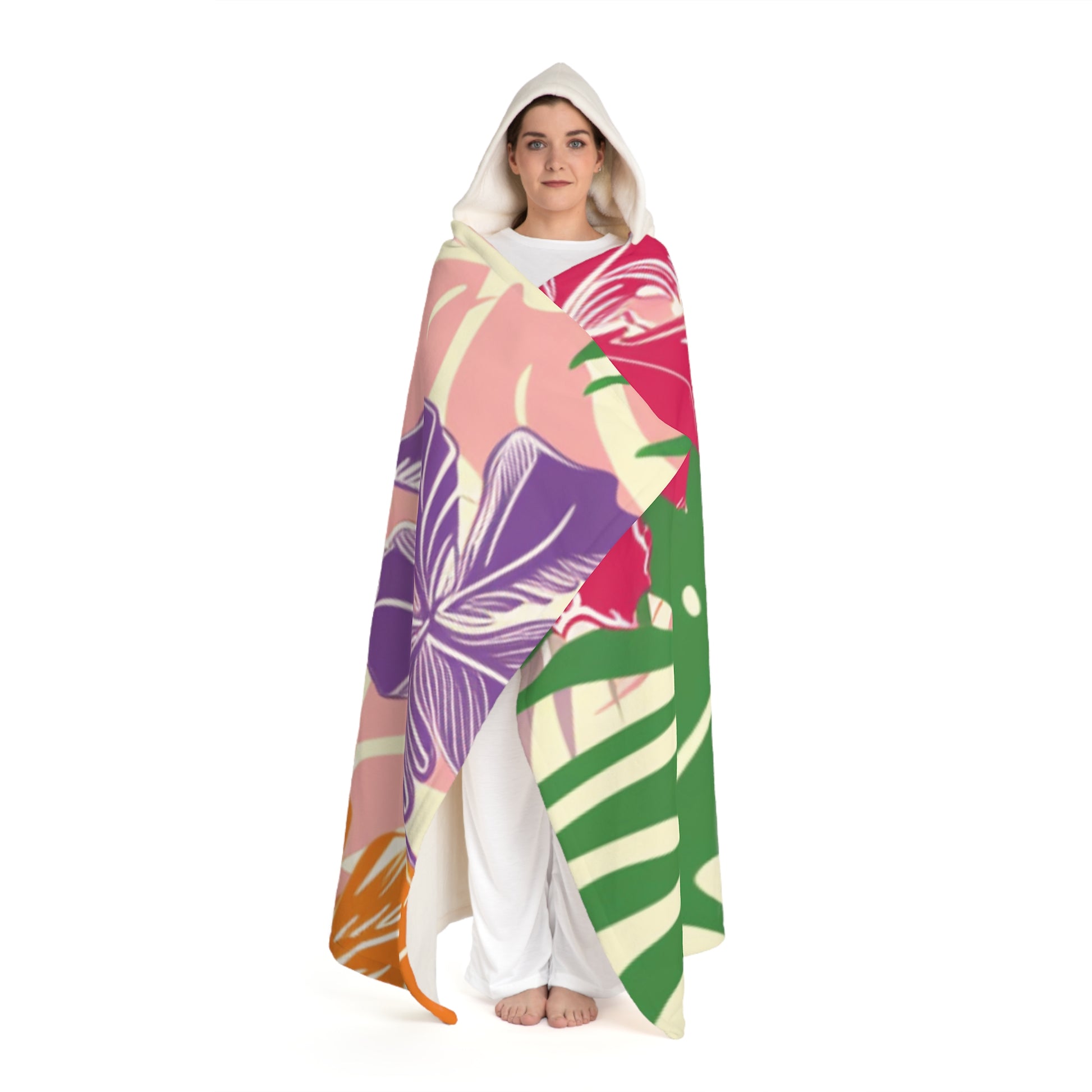 Blooming Tropical Flowers Hooded Sherpa Fleece Blanket, Artsulli - Art is Long, Life is Short, All Over Prints, , , , , , , 