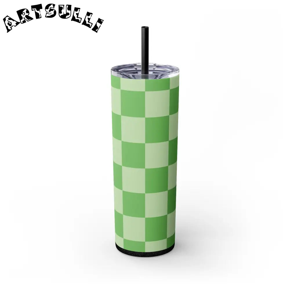 JAKKOUTTHEBXX Checkerboard Green Skinny Tumbler with Straw 20oz