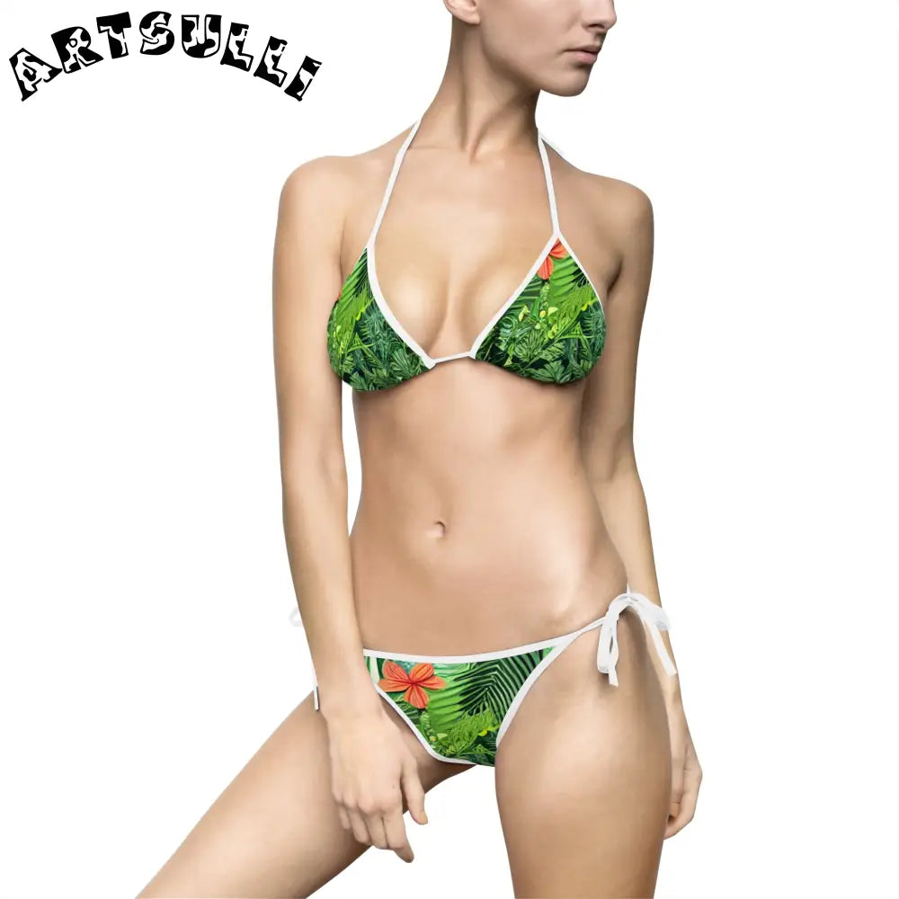 JAKKOUTTHEBXX Tropical Leaf Orange Flower Bikini Swimsuit with White