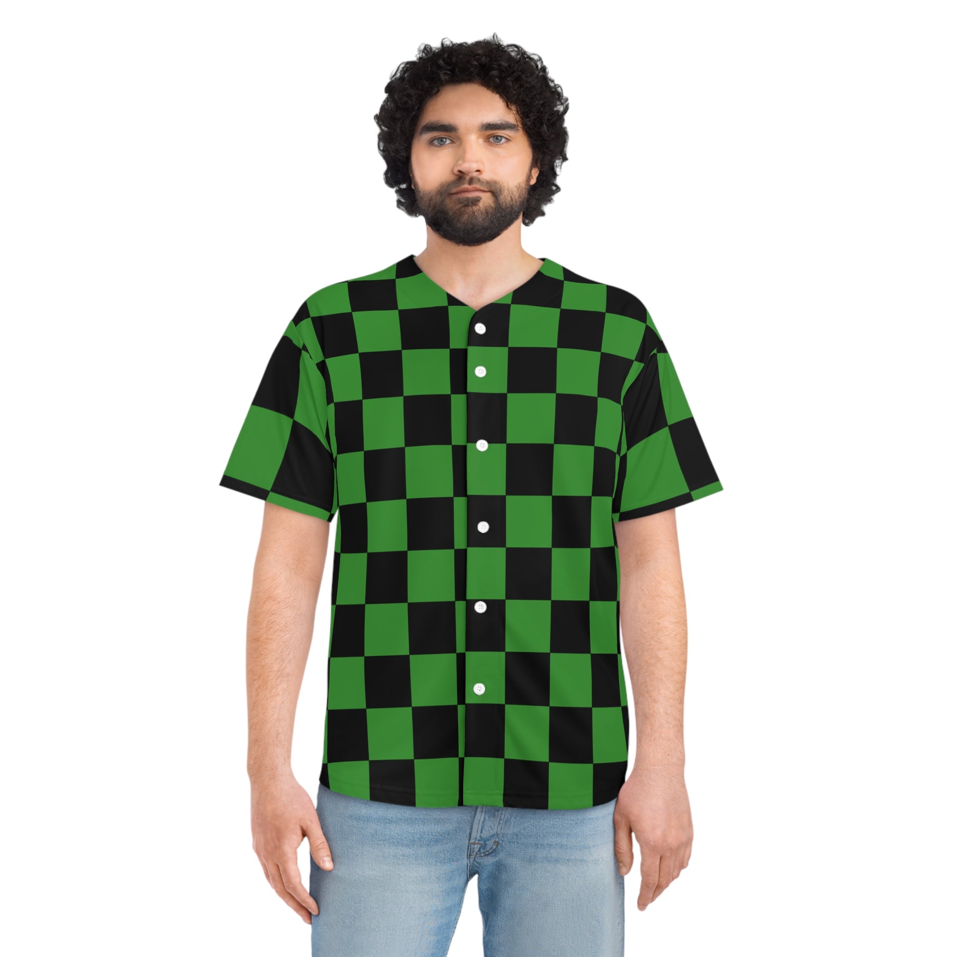 Checkerboard Green and Black Men's Baseball Jersey (AOP), Artsulli - Art is Long, Life is Short, All Over Prints, , , , , , , 