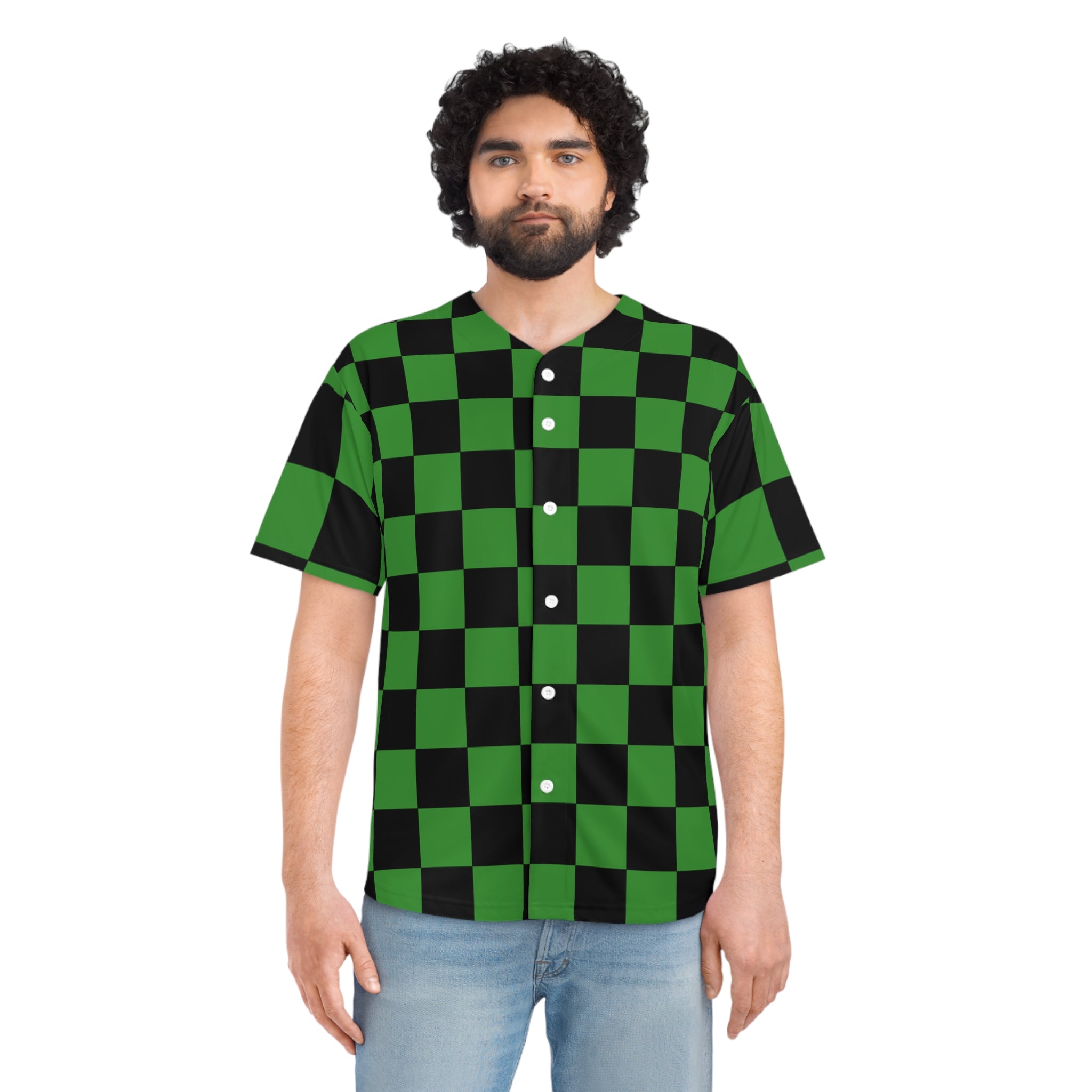 Checkerboard Green and Black Men's Baseball Jersey (AOP), Artsulli - Art is Long, Life is Short, All Over Prints, , , , , , , 