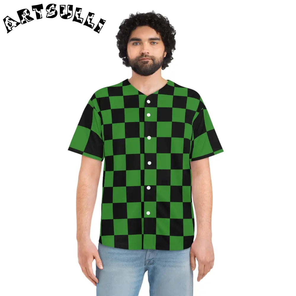 JAKKOUTTHEBXX Checkerboard Green and Black Men’s Baseball Jersey