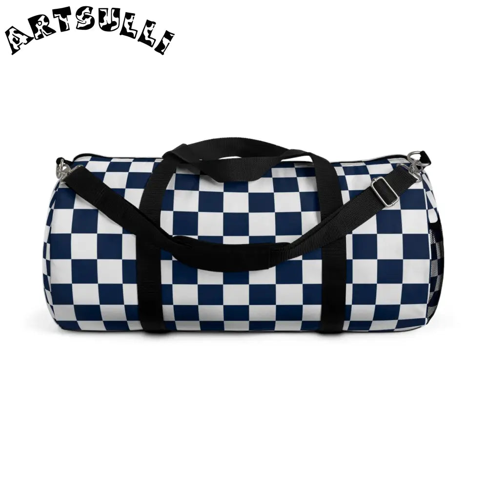 JAKKOUTTHEBXX Checkerboard II White and Navy Blue Duffel Bag