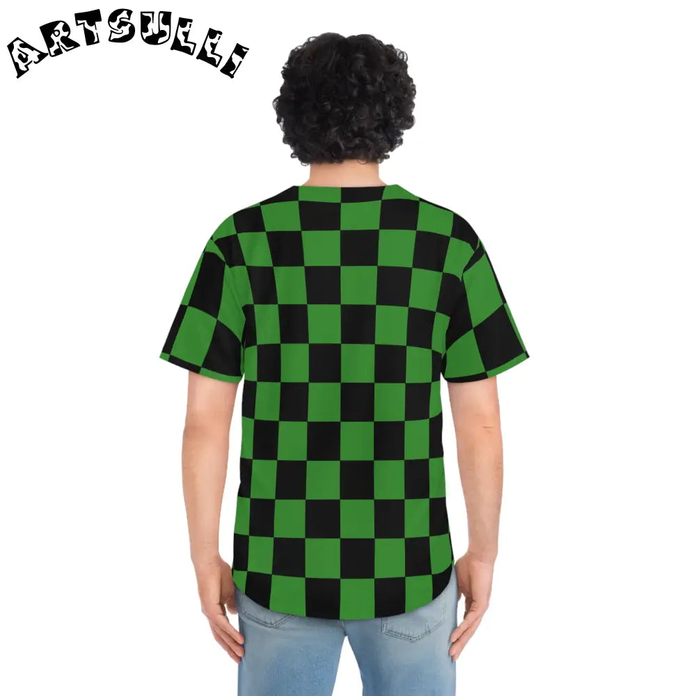 JAKKOUTTHEBXX Checkerboard Green and Black Men’s Baseball Jersey