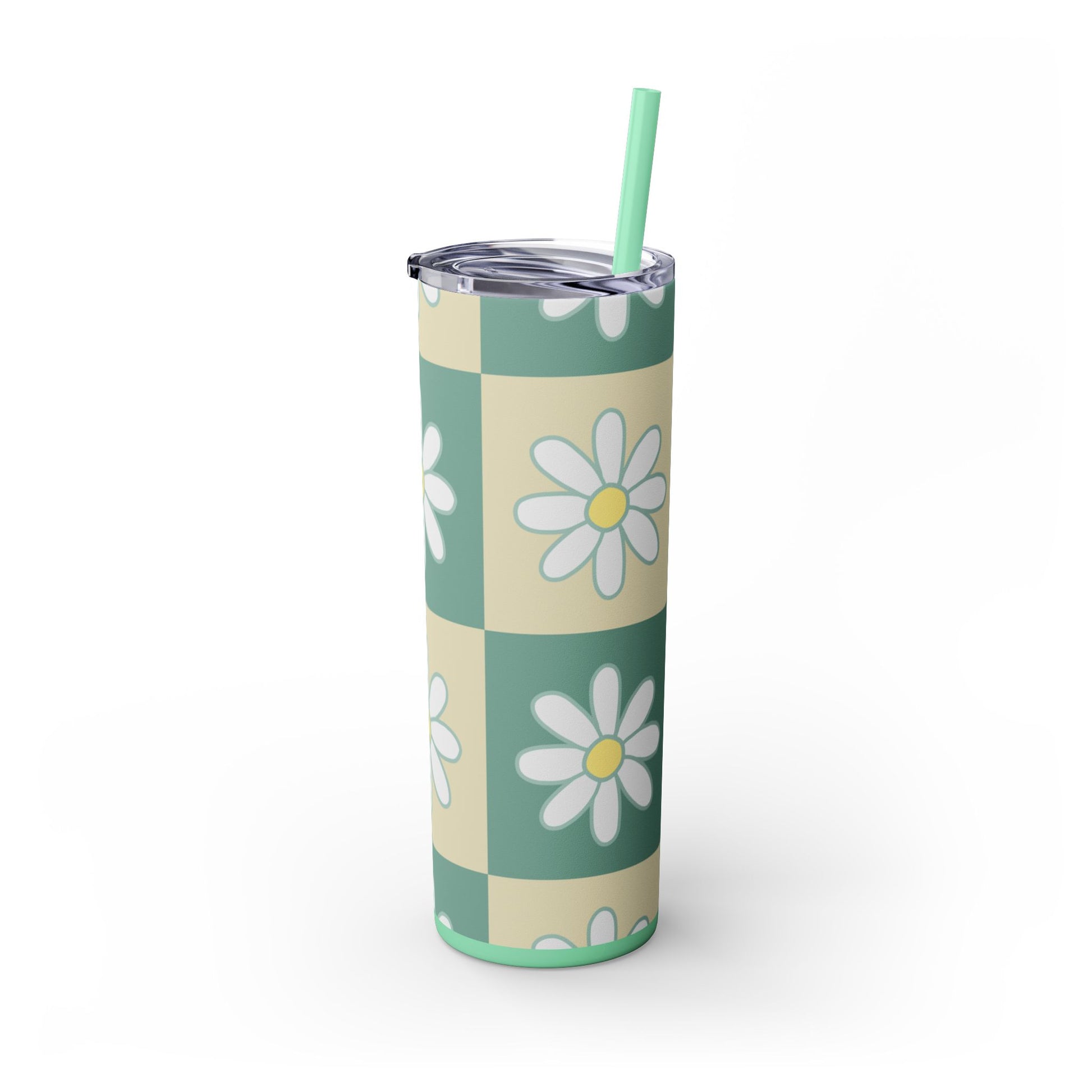Retro Daisy Checkerboard Green and Tan Skinny Tumbler with Straw, 20oz, Artsulli - Art is Long, Life is Short, Mug, , , , , , , 