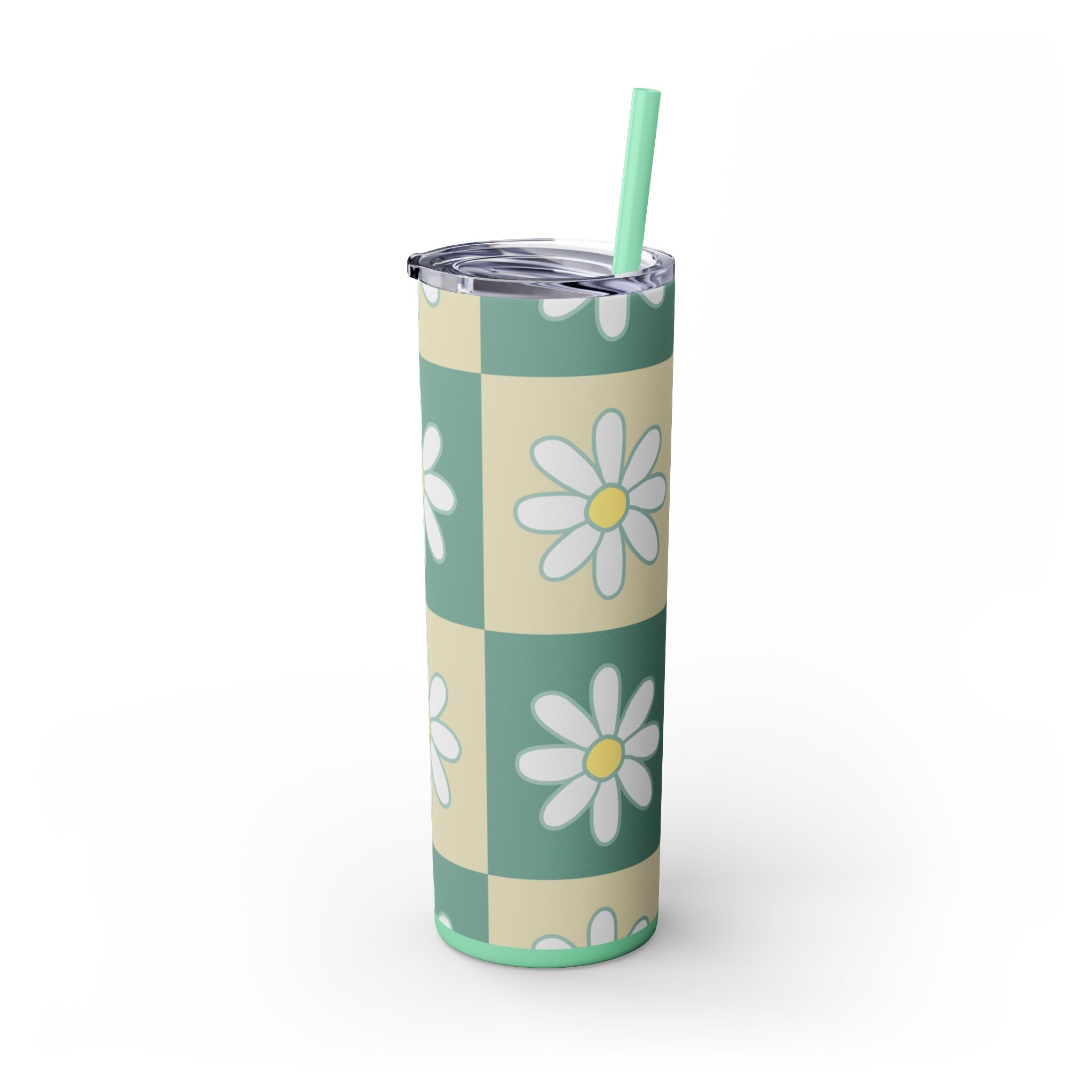 Retro Daisy Checkerboard Green and Tan Skinny Tumbler with Straw, 20oz, Artsulli - Art is Long, Life is Short, Mug, , , , , , , 