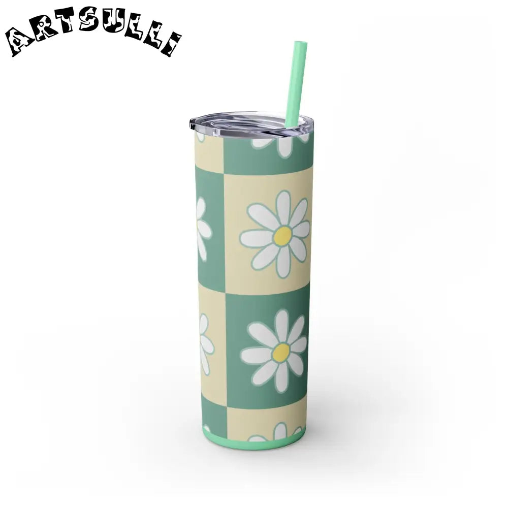 JAKKOUTTHEBXX Retro Daisy Checkerboard Green and Tan Skinny Tumbler