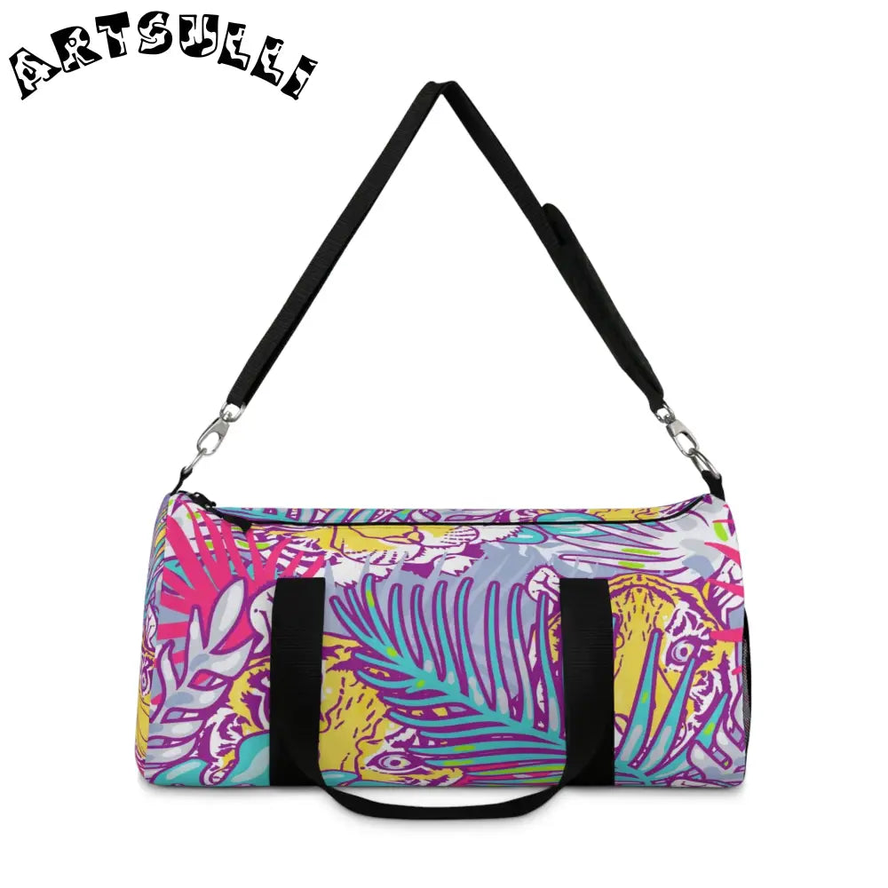 JAKKOUTTHEBXX Tropical Floral Tigers Torquise and Purple Duffel Bag