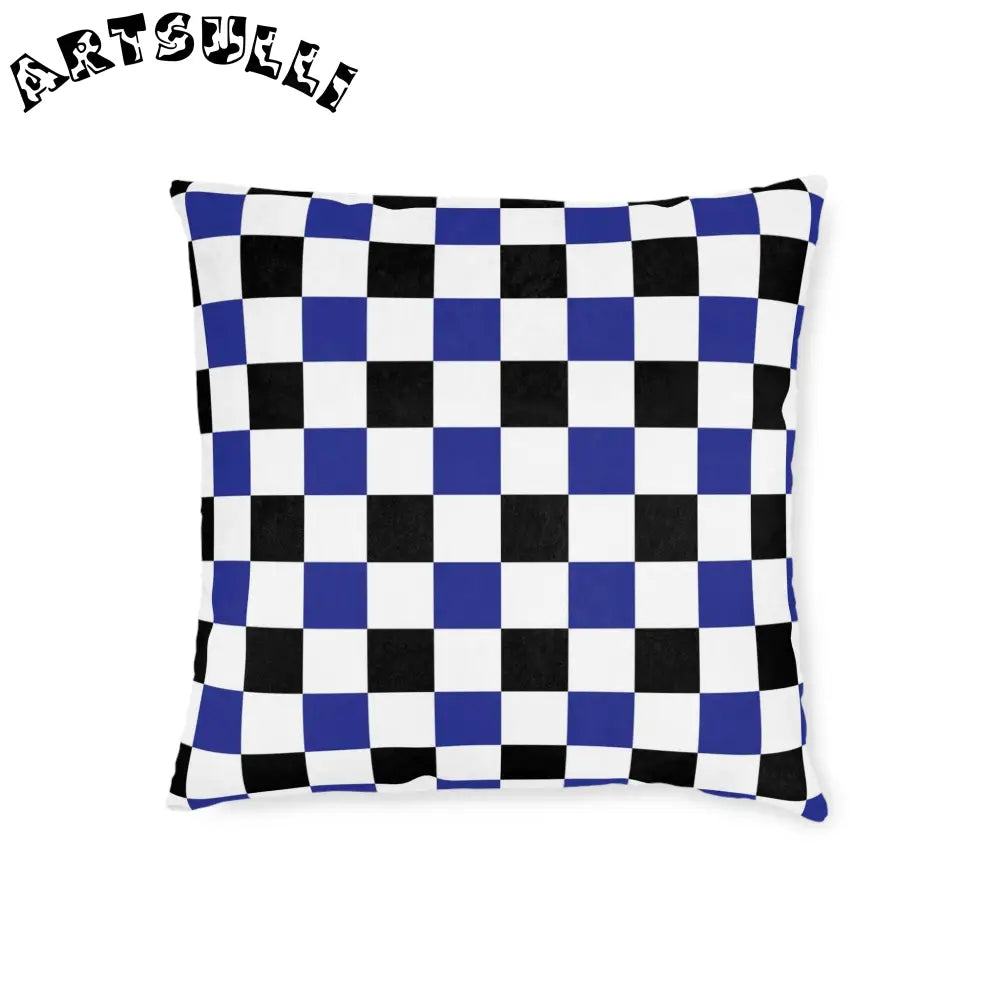 JAKKOUTTHEBXX Checkerboard Blue White and Black Square Pillow
