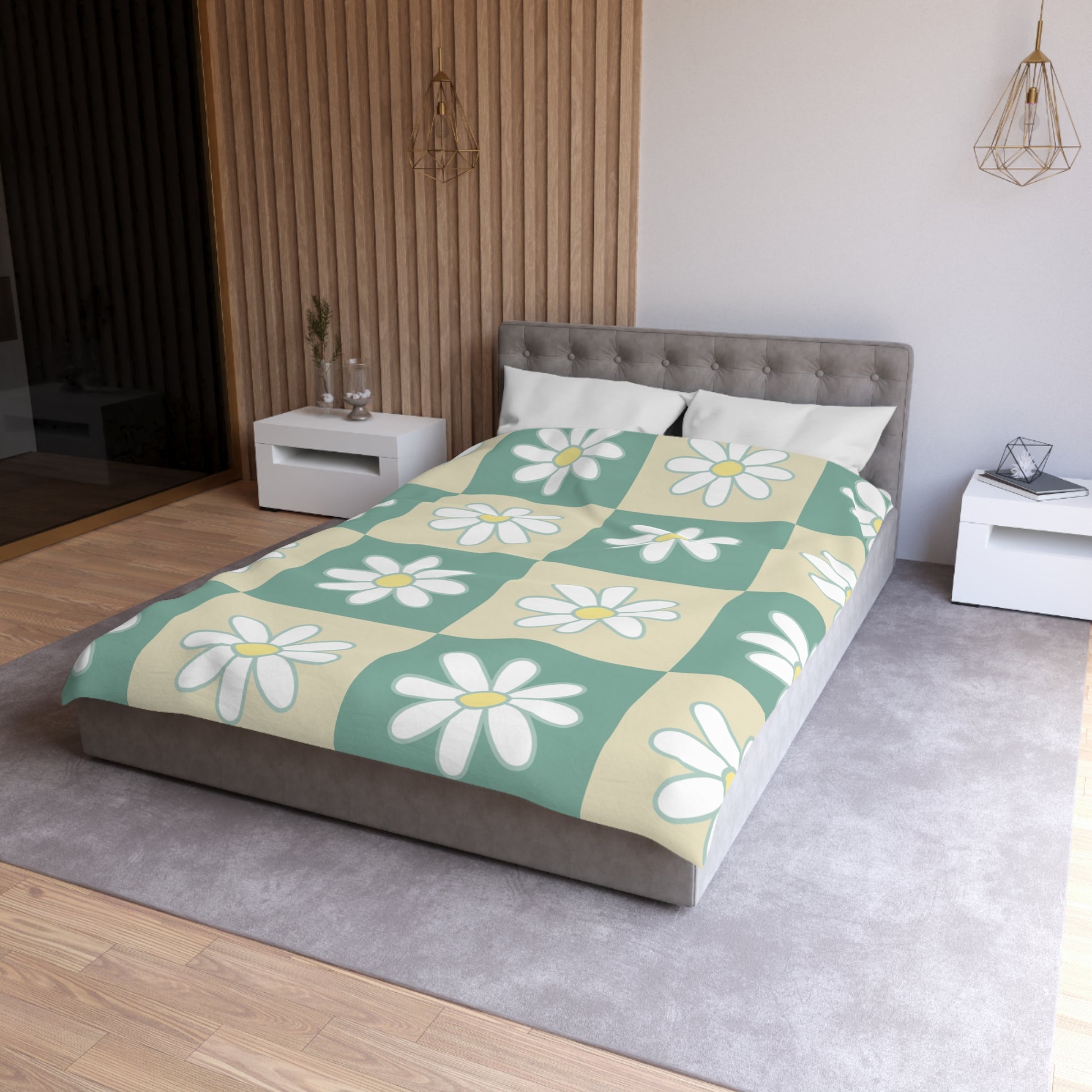 Retro Daisy Checkerboard Green and Tan Microfiber Duvet Cover, Artsulli - Art is Long, Life is Short, Home Decor, , , , , , , 