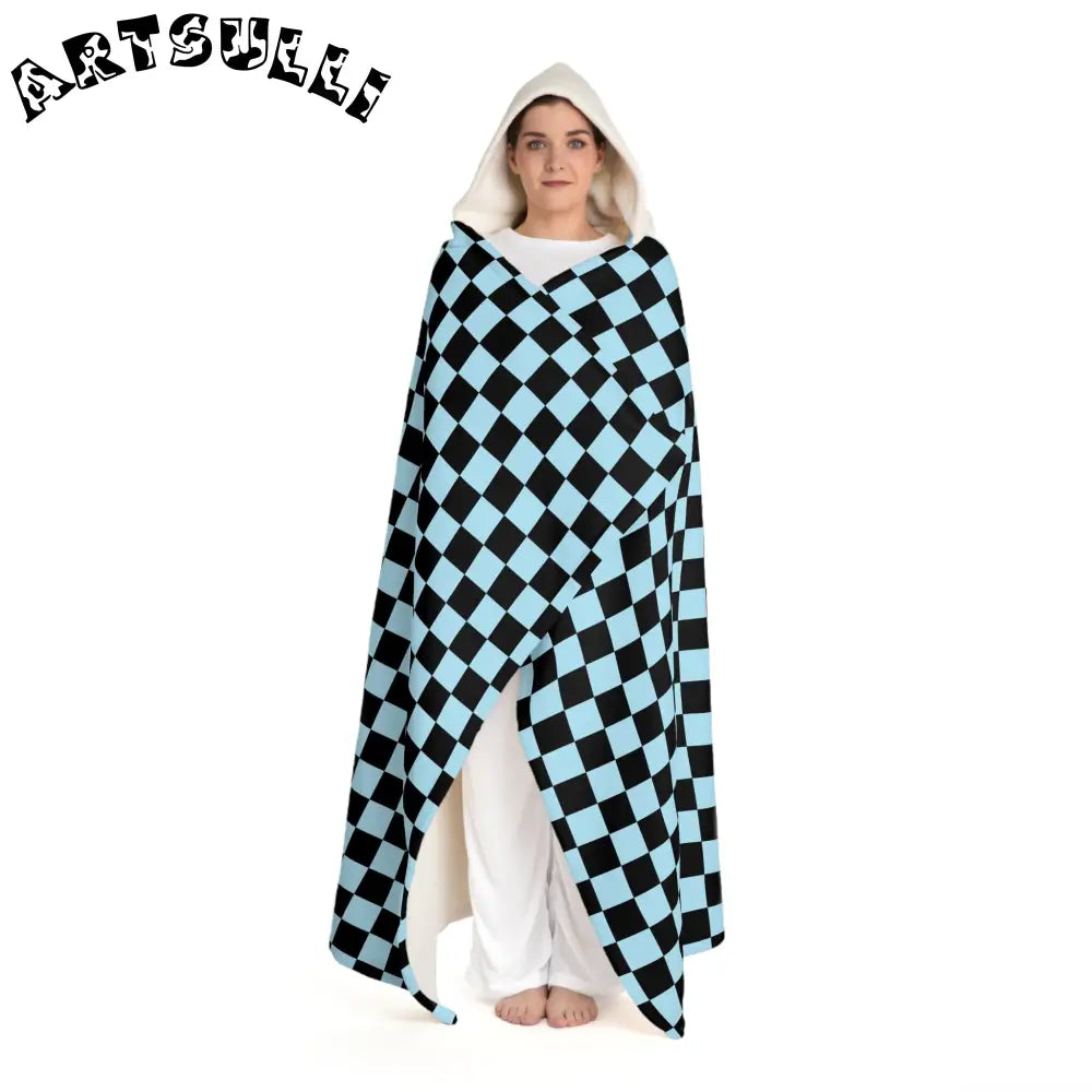 JAKKOUTTHEBXX Checkerboard II Black and Blue Hooded Sherpa Fleece